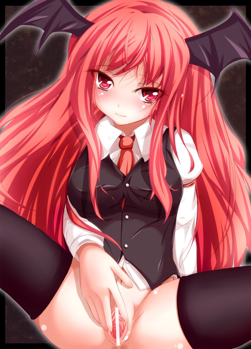 bat_wings censored demon female furaido head_wings koakuma long_hair pussy red_eyes red_hair rule34 solo succubus touhou wings