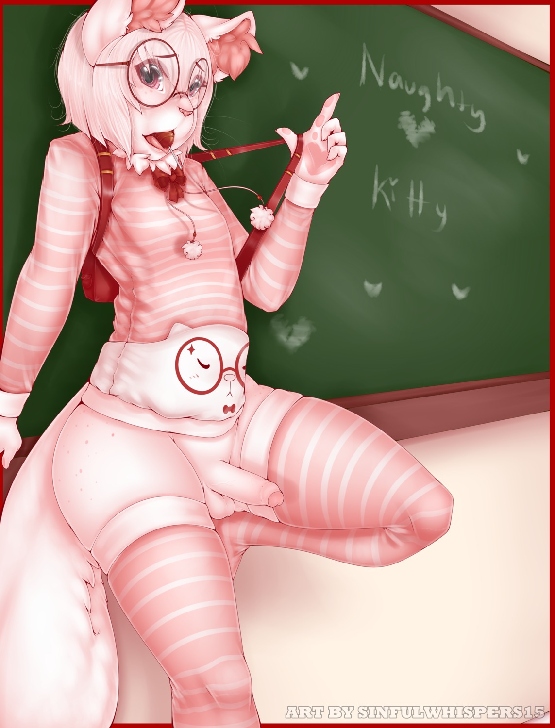 2014 5_fingers absurd_res anthro backpack balls biped border bottomless candy chalkboard clothed clothing dessert digital_media_(artwork) domestic_cat e621 english_text erection eyewear felid feline felis femboy fingers food foreskin fur genitals glasses hair heart_symbol hi_res humanoid_genitalia humanoid_penis information_board inner_ear_fluff inside legwear lollipop looking_at_viewer male mammal nails on_one_leg open_mouth outside_border partially_retracted_foreskin pattern_clothing pattern_legwear penis pink_body pink_eyes pink_fur pink_hair pink_nose ribbons shaded shirt short_hair sinfulwhispers15 smile solo spots standing stockings striped_clothing striped_legwear stripes sweater text thick_thighs topwear tuft