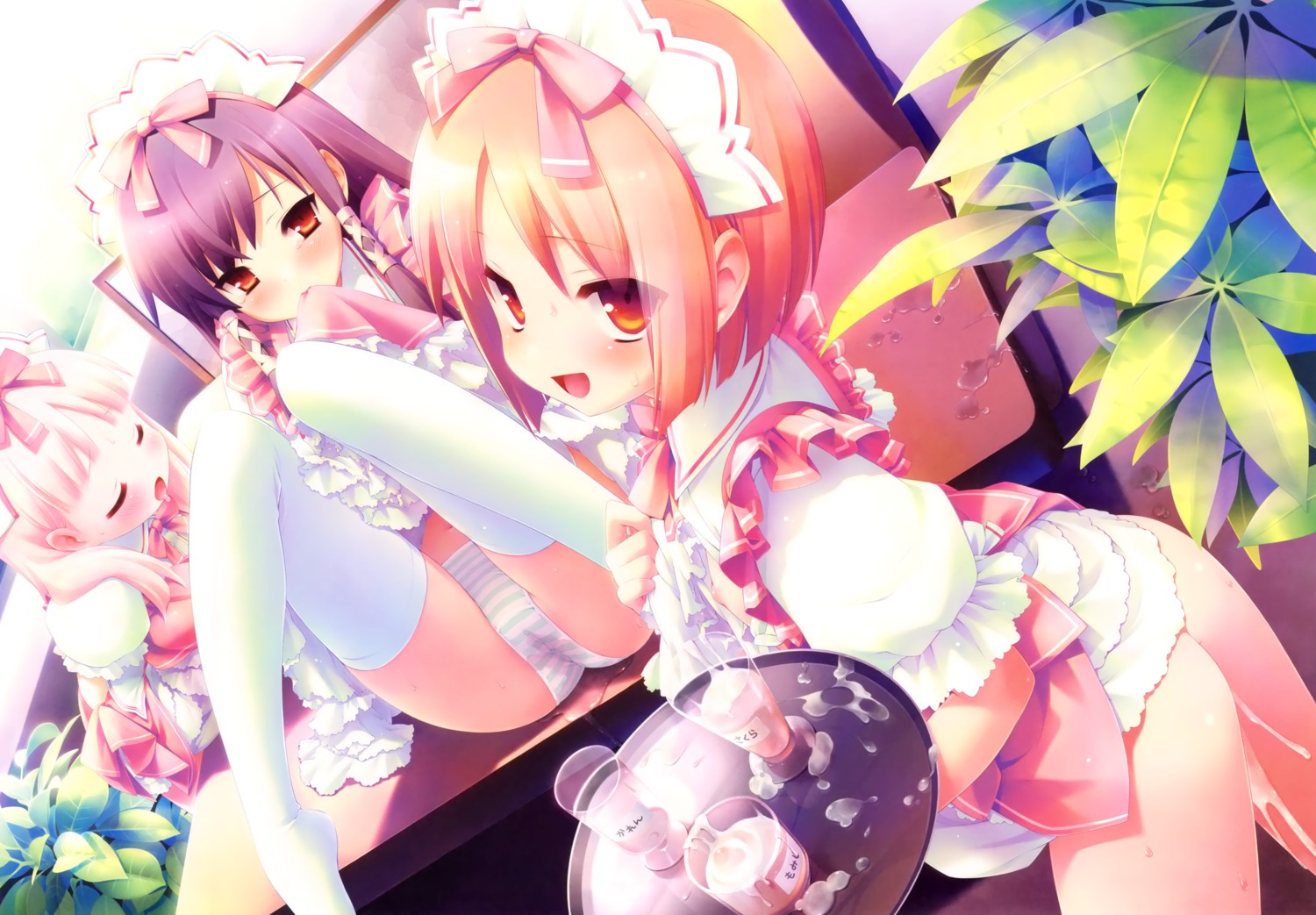 akino_momiji blush cum female gayarou kiriyama_sakura panties purple_hair pussy pussy_juice rule34 sakura_musubi sera_karen shimada_humikane skirt_lift striped striped_panties thighhighs underwear waitress