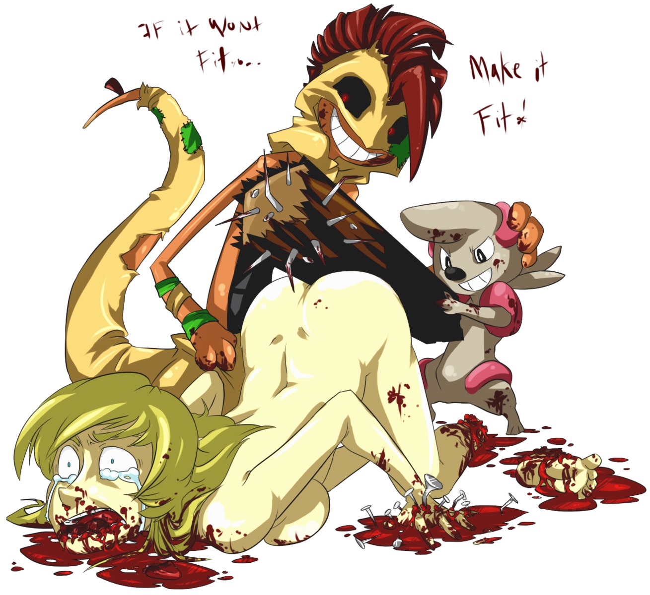 3_fingers 3_toes 5_fingers 5_toes ambiguous_gender amputation anthro black_sclera blonde_eyebrows blonde_hair blood bodily_fluids bound breasts brown_body brown_hair butt clothing crying dialogue e621 english_text exposed_breasts eyebrows feet female fingers forced generation_5_pokemon gore gore_focus greasyhyena green_eyes grey_body grey_hair grin group hair hands_tied hi_res holding_object holding_weapon interspecies lizard log male nail nailed nintendo non-mammal_breasts nude open_mouth pain pokemon pokemon_(species) pokephilia red_eyes reptile restrained scalie scrafty simple_background size_difference smile standing tan_clothing tears teeth text timburr toes tongue torn_clothing weapon white_background wood wraps yellow_body