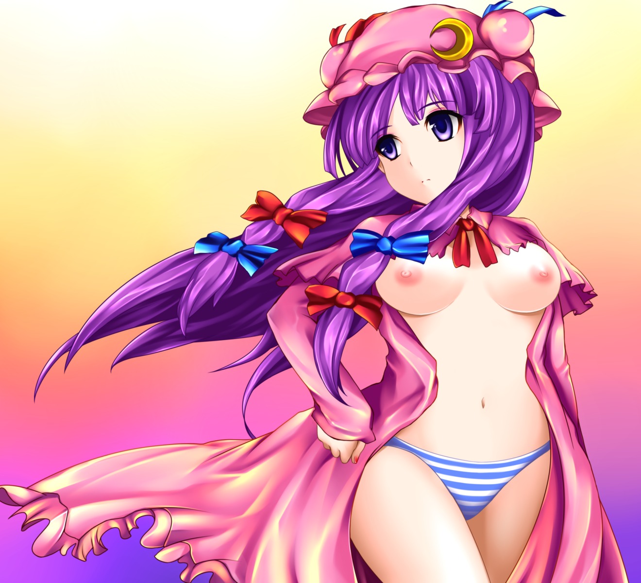 blue_panties breasts crescent dress female female_only hat highres human long_hair nipples no_bra open_dress panties patchouli_knowledge purple_eyes purple_hair ribbon rule34 solo striped striped_panties touhou underwear yoshimo