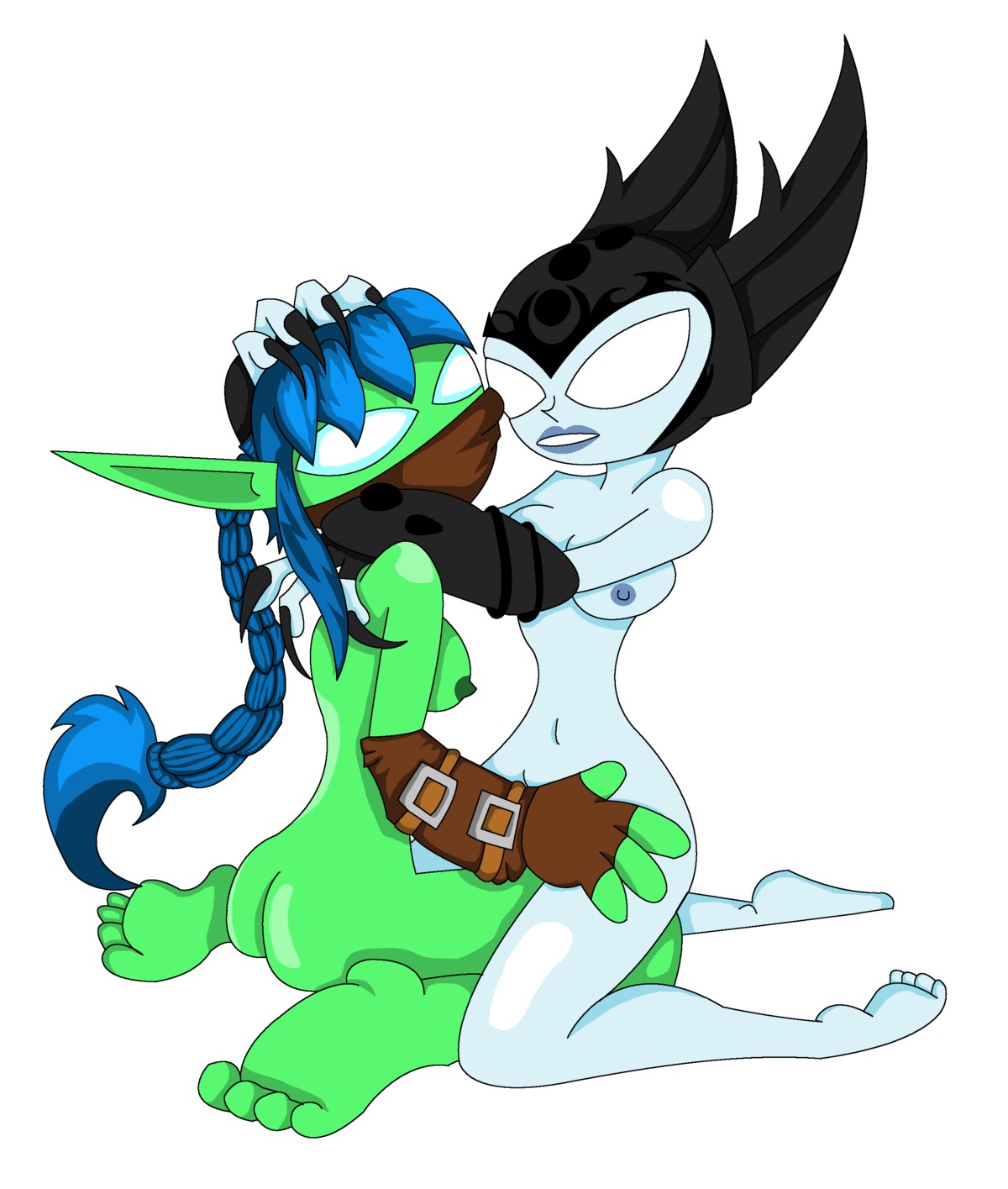 blue_hair blue_skin braid claws elf elf_ears female green_skin hex_(skylanders) nude pointy_ears pupilless_eyes rule34 skylanders spyro_the_dragon stealth_elf the1stmoyatia yuri
