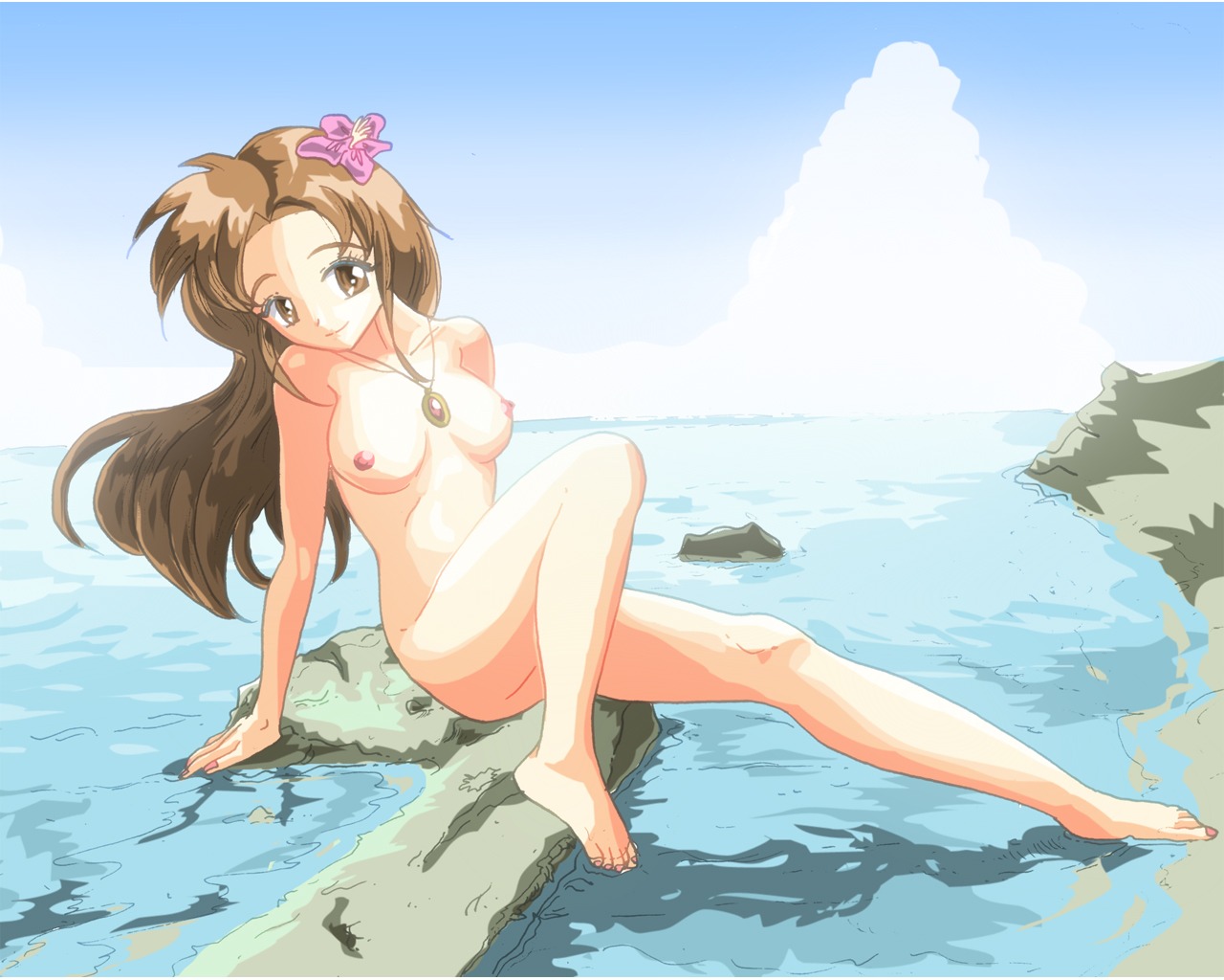 1girls 2d beach brown_hair completely_nude female hair_flower link's_awakening marin_(zelda) necklace nintendo nude ocean rule34 solo straight_hair tansoku102cm the_legend_of_zelda
