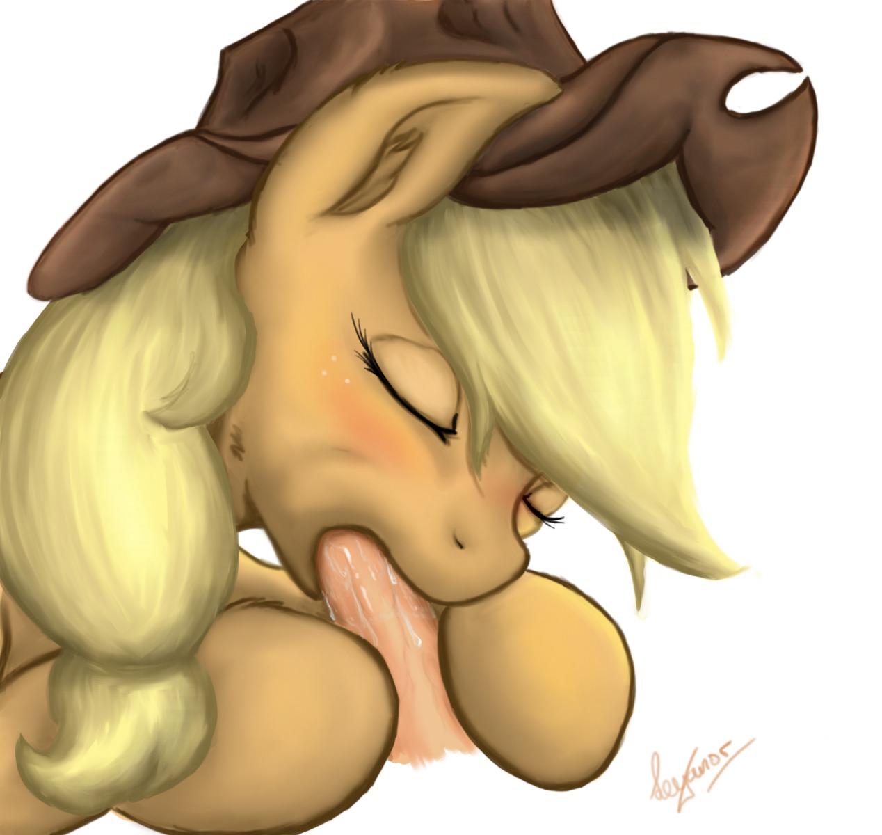 applejack_(mlp) blush clothing disembodied_penis duo e621 earth_pony equid equine erection eyes_closed fellatio female female_focus female_penetrated feral friendship_is_magic genitals hasbro hat headgear headwear hi_res horse humanoid_genitalia humanoid_penis leyanor male male/female male_penetrating male_penetrating_female mammal my_little_pony oral oral_penetration penetration penile penis pony sex simple_background solo_focus white_background