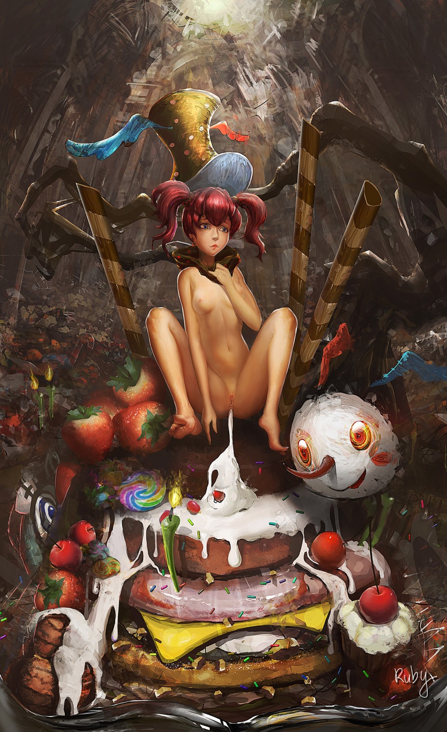 candle charlotte_(madoka_magica) doughnut female high_resolution icing mahou_shoujo_madoka_magica multicolored_eyes nude personification pink_hair pussy rubyking rule34 scarf sexually_suggestive signature sprinkles sweets uncensored what