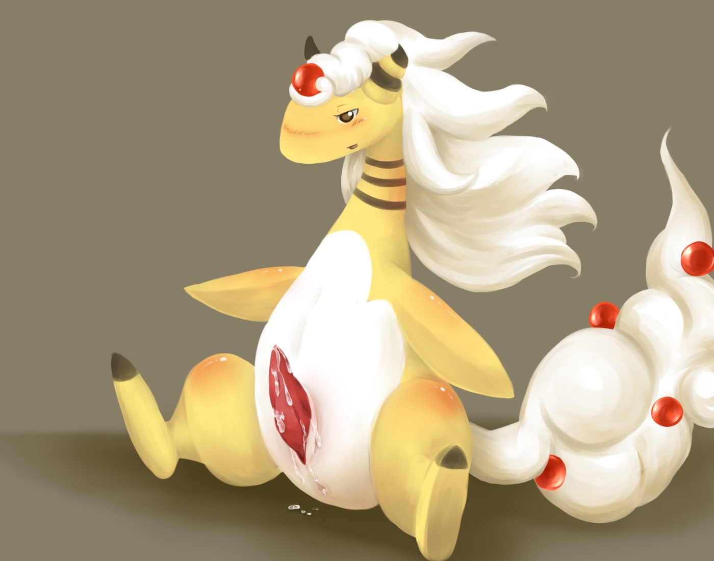 animal_genitalia anus black_body black_skin blush bodily_fluids brown_eyes butt cum cum_in_ass cum_inside cum_on_penis e621 erection feet generation_6_pokemon genital_fluids genital_slit genitals glistening grey_background hair long_hair male mega_ampharos mega_evolution nintendo nude nurinaki open_mouth orb orgasm penis pokemon pokemon_(species) precum presenting presenting_hindquarters raised_arm red_body red_penis red_skin shadow simple_background sitting solo spread_legs spreading tail tapering_penis white_body white_hair white_skin yellow_body yellow_skin
