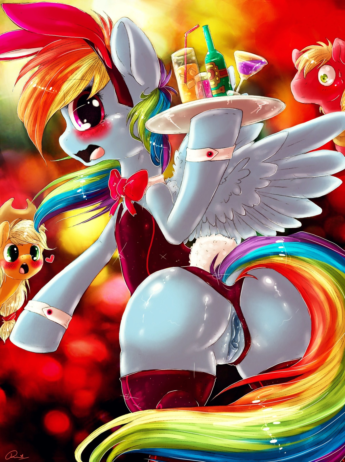 2014 abstract_background absurd_res applejack_(mlp) bendy_straw beverage big_macintosh_(mlp) blonde_hair blue_body blue_feathers blue_fur blush bodily_fluids bow_(feature) bow_tie bunny_costume butt clothing clothing_aside costume cowboy_hat dimwitdog drinking_straw e621 earth_pony easter equid equine fake_ears fake_rabbit_ears feathered_wings feathers female feral friendship_is_magic fur genitals glass green_eyes group hair hasbro hat headgear headwear heart_symbol hi_res holding_object holidays horse long_hair male mammal multicolored_hair multicolored_tail my_little_pony mythological_creature mythological_equine mythology open_mouth orange_body orange_fur orange_hair panties panties_aside pegasus playboy_outfit pony rainbow_dash_(mlp) rainbow_hair rainbow_tail red_body red_fur solo_focus sweat tail underwear underwear_aside vulva wings