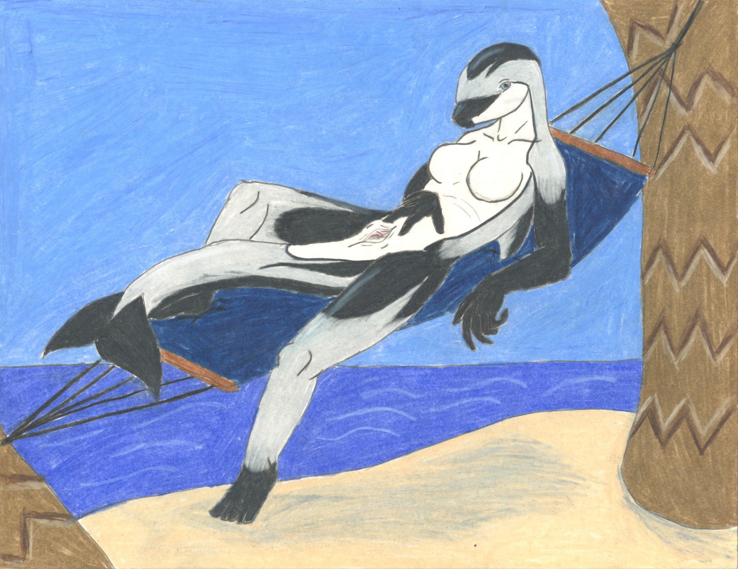absurd_res adleisio animal_genitalia anthro aquatic beach breasts cetacean clitoris cloaca detailed_background dolphin e621 featureless_breasts female genitals hammock hi_res mammal mammary_slits oceanic_dolphin outside pacific_white-sided_dolphin palm_tree plant river_(adleisio) sand sea seaside sky solo tail toothed_whale traditional_media_(artwork) tree vertical_cloaca water wave white-sided_dolphin