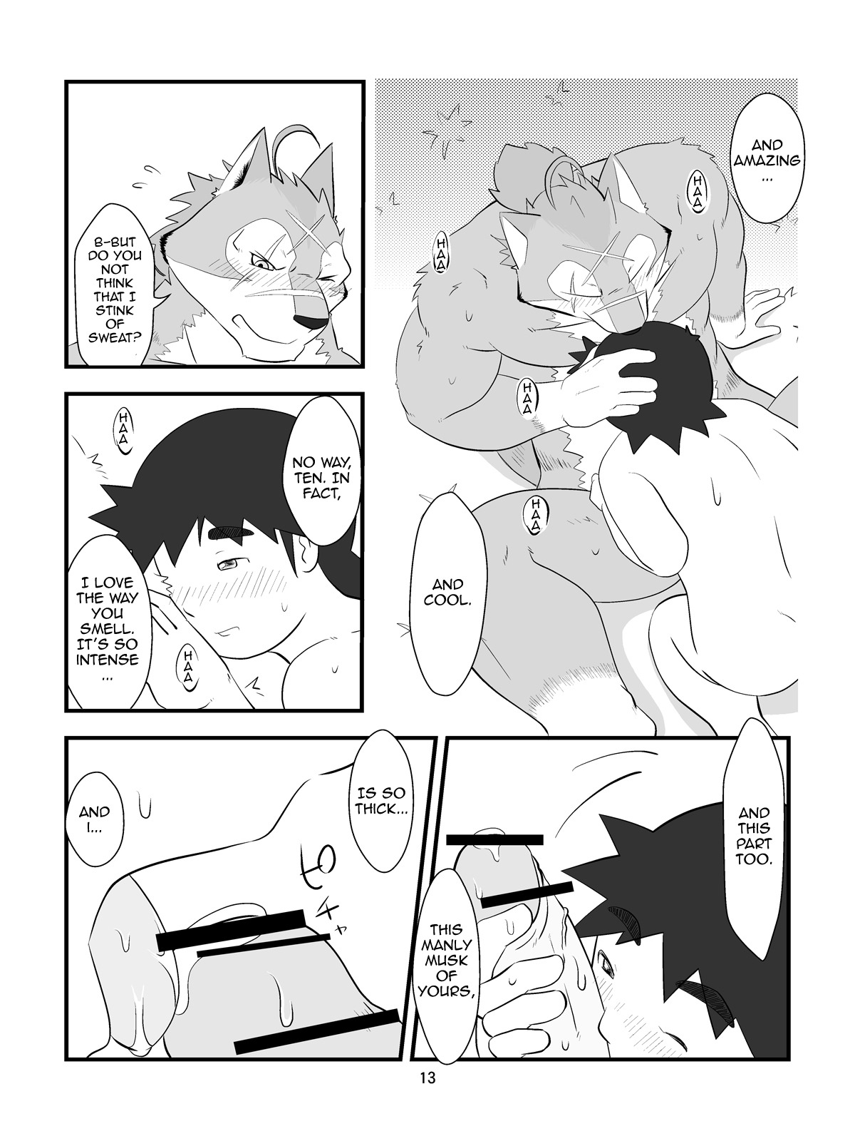 2013 3:4 anthro biceps big_muscles black_nose blush canid canine canis comic dialogue duo e621 english_text erection facial_markings fur genitals hair head_markings hi_res hiroyuki_nishimura human licking lying male male/male mammal manya markings monochrome morenatsu multiple_scenes muscular muscular_male nude one_eye_closed pecs penis scar spread_legs spreading ten_kodori text tongue tongue_out vein wolf