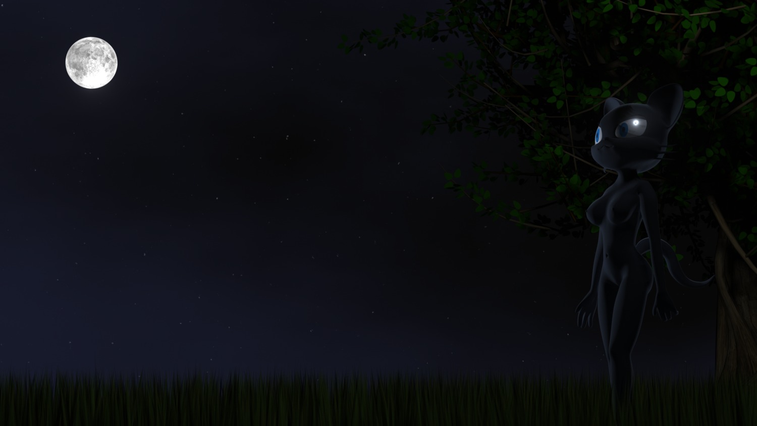 16:9 3d_(artwork) anthro black_body black_fur blue_eyes breasts butt destiny_(character) destiny_blackmoon digital_media_(artwork) domestic_cat e621 felid feline felis female fur genitals grass hi_res mammal moon night nipples outside plant sky solo star starry_sky tail tree vulva widescreen