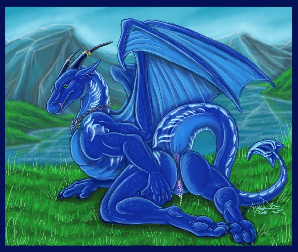 2010 anthro anus blue_border border butt claws dragon e621 ear_piercing feet female genitals glowing glowing_markings grass green_eyes hindpaw horn in_heat jewelry kiartia lake licking licking_lips licking_own_lips looking_at_viewer markings membrane_(anatomy) membranous_wings mooning mountain mythological_creature mythological_scalie mythology necklace nude outside paws piercing plant plump_labia presenting royelle scalie self_lick sky solo tail tongue tongue_out valley vulva water wings