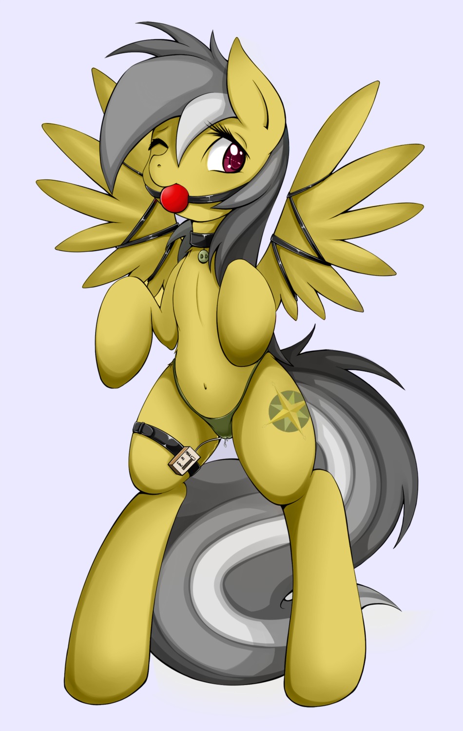 2013 ball_gag bdsm black_hair bodily_fluids bondage bound brown_body brown_feathers camel_toe clothing collar cutie_mark daring_do_(mlp) e621 equid equine feathered_wings feathers female feral friendship_is_magic gag gagged genital_fluids grey_hair grumblepluck hair hasbro hi_res long_hair looking_at_viewer mammal masturbation multicolored_hair my_little_pony mythological_creature mythological_equine mythology navel panties pegasus penetration sex_toy sex_toy_in_vagina sex_toy_insertion simple_background solo standing submissive submissive_female tail toying_self underwear vaginal vaginal_fluids vaginal_penetration vibrator white_background wing_boner wings