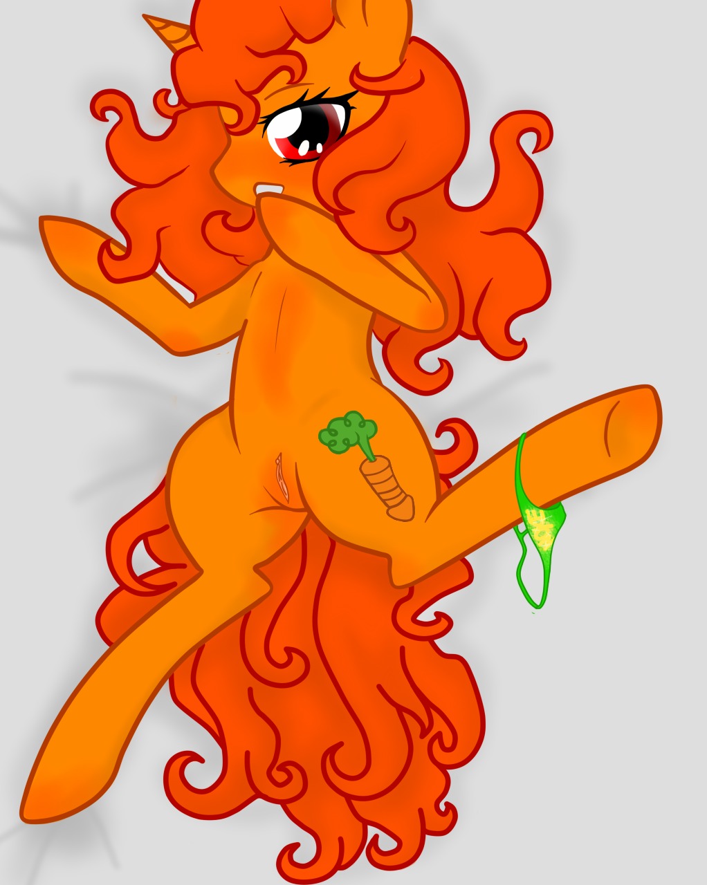 blush carrot carrot_clop_(mlp) carrot_dildo clothing e621 equid equine fan_character female feral food fur genitals hair hasbro hi_res horn improvised_dildo improvised_sex_toy long_hair looking_at_viewer lying mammal my_little_pony mythological_creature mythological_equine mythology on_back open_mouth orange_body orange_fur orange_hair panties plant presenting quadruped sex_toy simple_background solo spread_legs spreading tail underwear undressing unicorn unknown_artist vegetable vulva