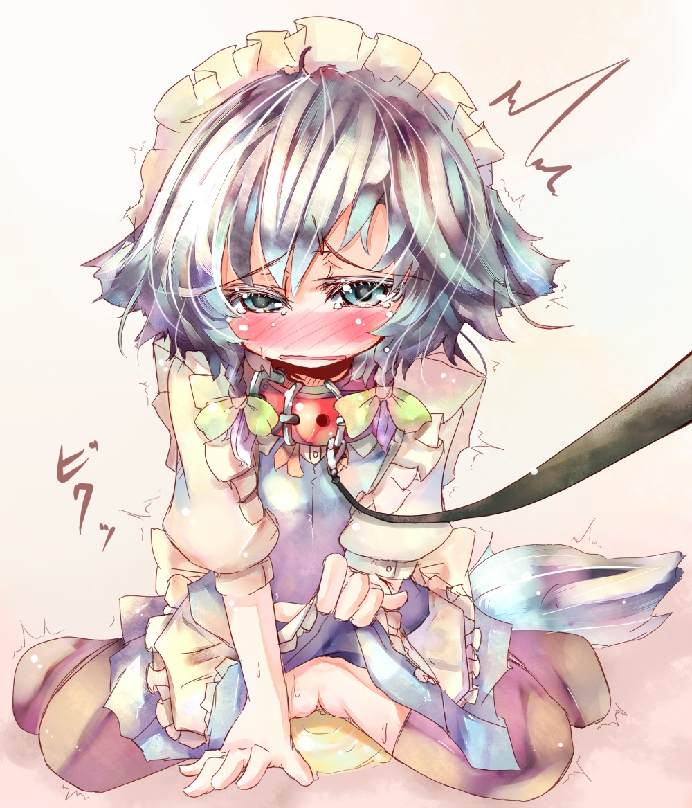 blue_eyes blush braid collar dog_tail female hairband inu_sakuya kemonomimi_mode leash peeing pussy ribbon rule34 sakuya_izayoi silver_hair tail tears tora touhou twin_braids uncensored