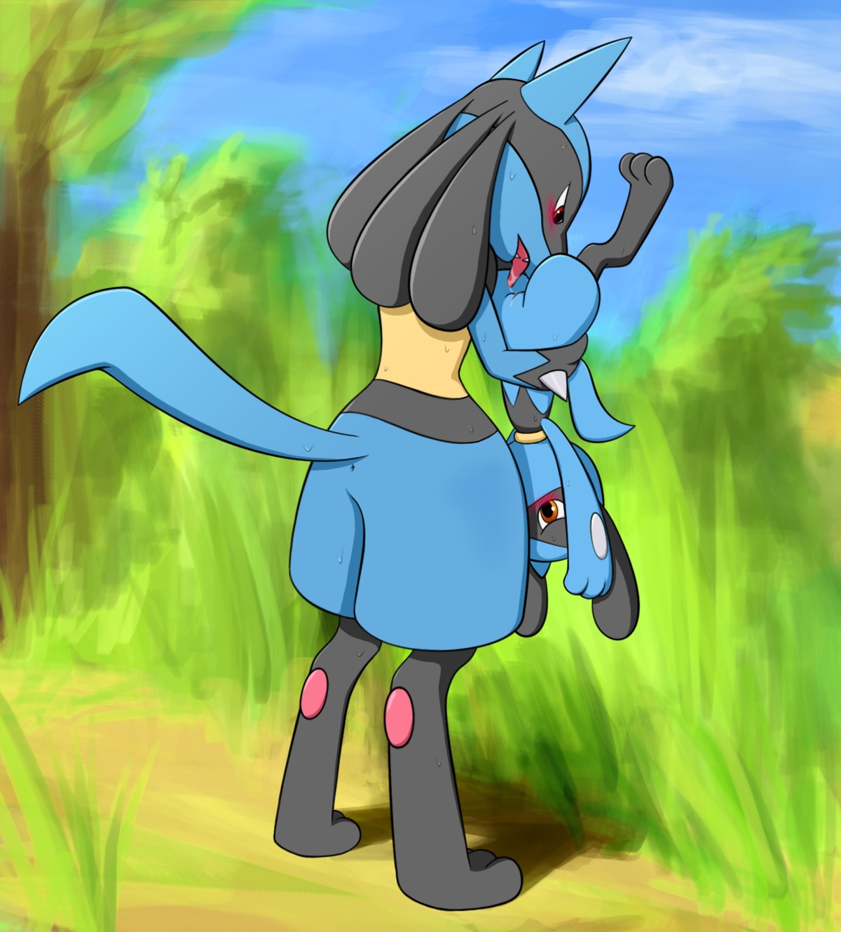 2014 3_fingers 3_toes 69_position age_difference ambiguous_gender anthro anus barefoot blue_body blue_fur blush bodily_fluids butt canid canine carrying_another cloud cunnilingus dancingchar duo e621 evolutionary_family feet female fingers fur generation_4_pokemon genitals grasp hi_res looking_down lucario male mammal nintendo nude older_male oral outside pawpads paws pokemon pokemon_(species) rear_view riolu sex sharp_teeth size_difference sky spikes standing standing_69_position standing_sex sweat tail teeth toes tongue tongue_out upside_down upside_down_cunnilingus vaginal vulva young young_anthro young_female younger_female