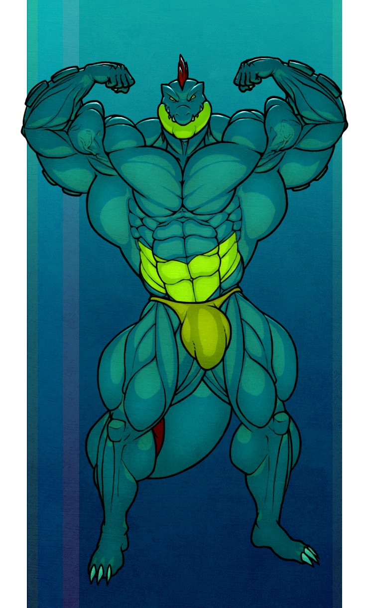 2013 abs anthro athletic biceps big_muscles biped blue_body blue_skin bulge claws clothed clothing e621 fangs feraligatr flexing generation_2_pokemon green_body green_skin grin hi_res horn looking_at_viewer male muscular muscular_anthro muscular_male nintendo pecs pokemon pokemon_(species) pose reptile ripped-saurian scales scalie smile solo speedo standing swimwear teeth toe_claws topless vein yellow_eyes