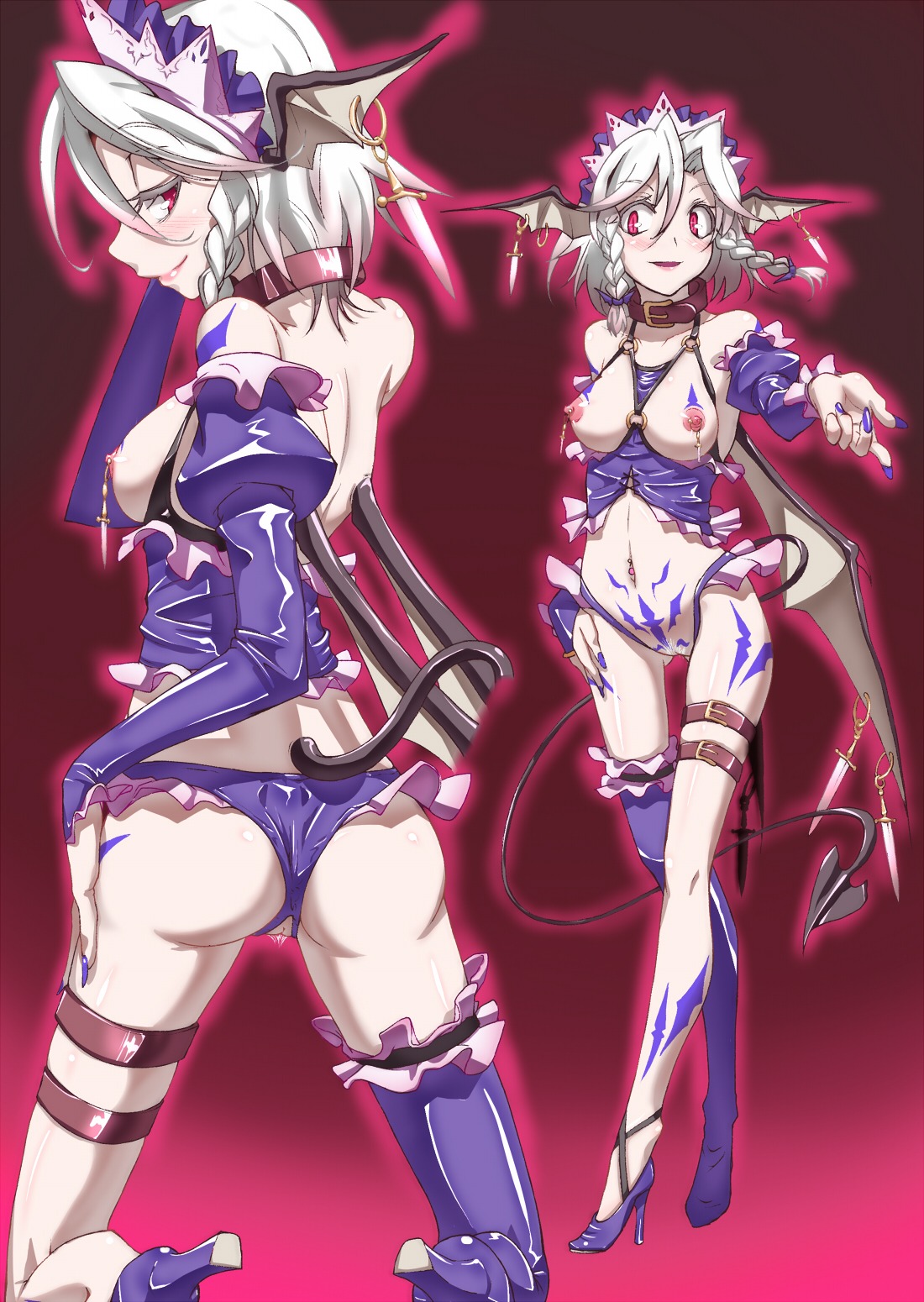1girls ass aya_shachou bat_wings blush braid breastless_clothes breastless_clothing breasts crotchless_panties demon demon_girl demon_tail earrings female head_wings headwings high_heels highres jewelry knife legs lips nail_polish navel_piercing nipple_piercing nipples panties piercing pubic_hair pussy red_eyes rule34 sakuya_izayoi shoes short_hair silver_hair single_thighhigh solo succubus tail tattoo the_embodiment_of_scarlet_devil thigh_strap thighhighs throwing_knife touhou twin_braids uncensored underwear weapon wings