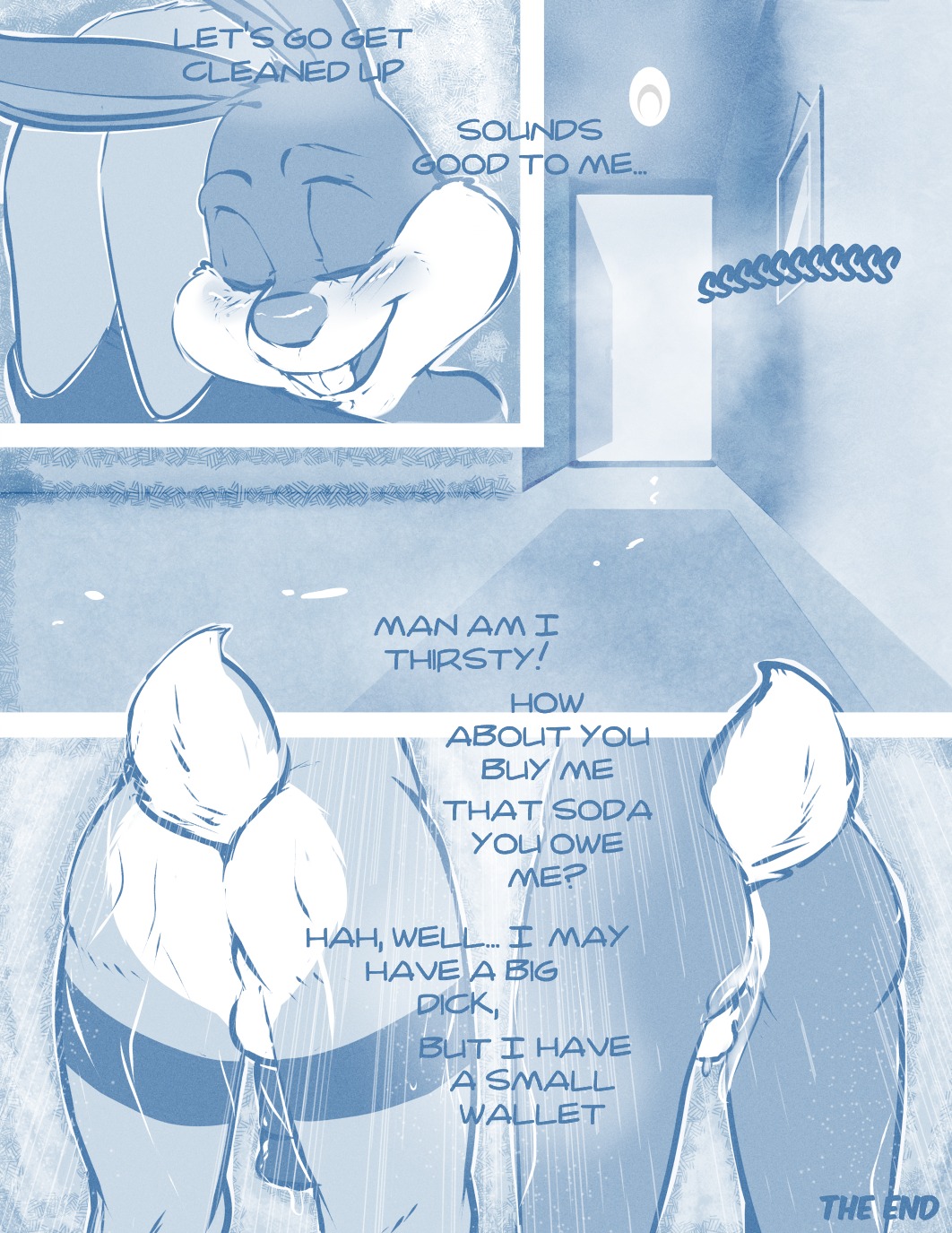0r0 anthro backsack balls blue_and_white blush buster_bunny butt cherry_cola_(comic) comic dialogue digital_media_(artwork) duo e621 english_text genitals hi_res lagomorph leporid male male/male mammal monochrome multiple_scenes nude rabbit seth-iova sex shower text tiny_toon_adventures warner_brothers wet young