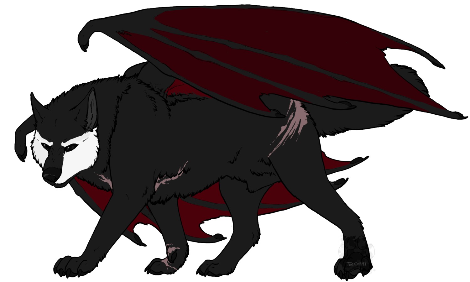 5:3 animal_genitalia black_body black_fur canid canine canis demon demonic e621 feral fully_sheathed fur genitals hi_res male mammal membrane_(anatomy) membranous_wings quadruped scar sheath simple_background solo tail toradoshi white_background white_body white_fur wings wolf