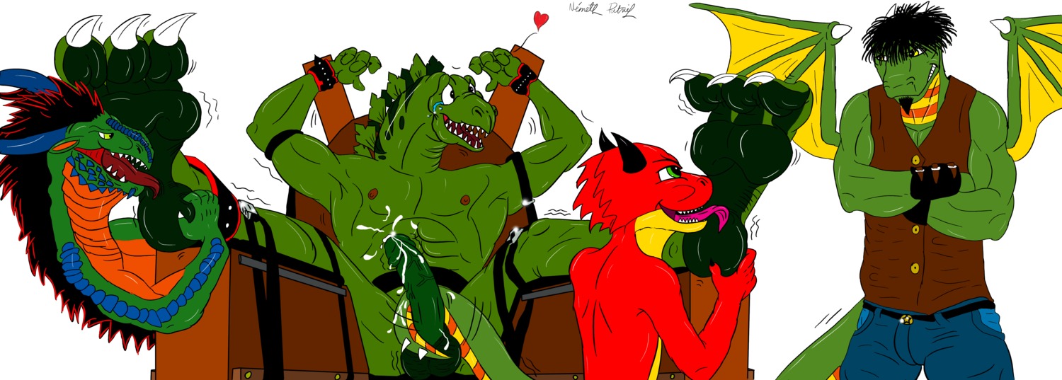 absurd_res ambiguous_gender anthro bdsm blue_bottomwear blue_clothing bodily_fluids bondage bottomwear bound brown_clothing brown_topwear clothed clothing crossed_arms digital_media_(artwork) dinosaur dragon e621 erection extreme_dinosaurs feet foot_fetish foot_lick foot_play fully_bound genitals group happy hi_res hindpaw humanoid_genitalia humanoid_penis licking male mythological_creature mythological_scalie mythology nude pants paws penis playing prehensile_tail prehistoric_species reptile scales scalie sex stegz tail tail_around_penis tail_fetish tail_play tail_sex tailjob tears tickling tickling_feet tongue tongue_out topwear torture vest wanderer1988