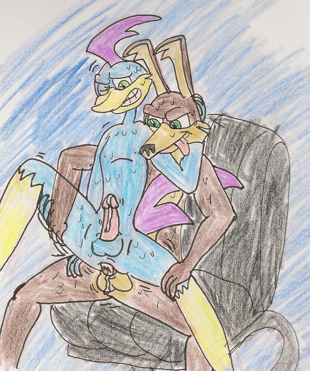 bird canine coyote fur interspecies loonatics_unleashed male male_only mammal multiple_males nude penis rev_runner rule34 sex soft_feathers tagme tech_e._coyote yaoi