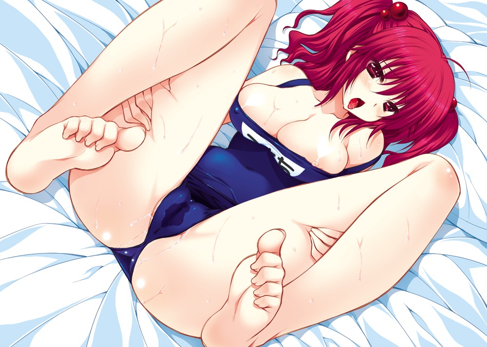 1girls alternate_costume araiguma bare_legs bare_shoulders barefoot bed breasts bursting_breasts cameltoe cleavage erect_nipples feet female hair_bobbles hair_ornament komachi_onozuka large_breasts lying nipple_slip nipples on_back open_mouth pussy pussy_juice red_eyes rule34 school_swimsuit solo swimsuit tied_hair touhou twintails wet