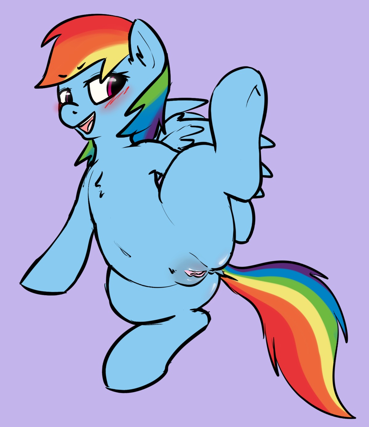 :d anus atrolux blue_body blue_feathers blue_fur blush butt conditional_dnp digital_media_(artwork) e621 equid equine eyelashes feathered_wings feathers female feral friendship_is_magic fur genitals hair happy hasbro hi_res hooves long_hair looking_away mammal multicolored_hair multicolored_tail my_little_pony mythological_creature mythological_equine mythology navel open_mouth pegasus pink_eyes presenting presenting_hindquarters presenting_vulva purple_background rainbow rainbow_dash_(mlp) rainbow_hair rainbow_tail raised_leg simple_background smile solo spread_legs spreading tail teeth vulva wings