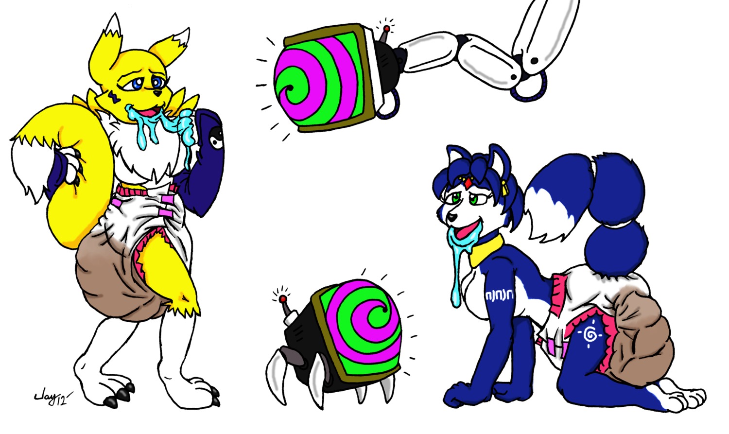 anthro bandai_namco blue_body blue_fur blue_hair bodily_fluids brainwashing canid canine clothed clothing crossover diaper diaper_only digimon digimon_(species) drooling e621 feces female fox fur group hair hi_res hypnosis jaymanney4life krystal_(star_fox) mammal medium_story mind_control nintendo pooping pooping_together renamon saliva scatplay soiled_diaper soiling soiling_diaper soiling_together star_fox story story_in_description topless unclean_diaper used_diaper using_diaper wearing_diaper white_body white_diaper white_fur yellow_body yellow_fur