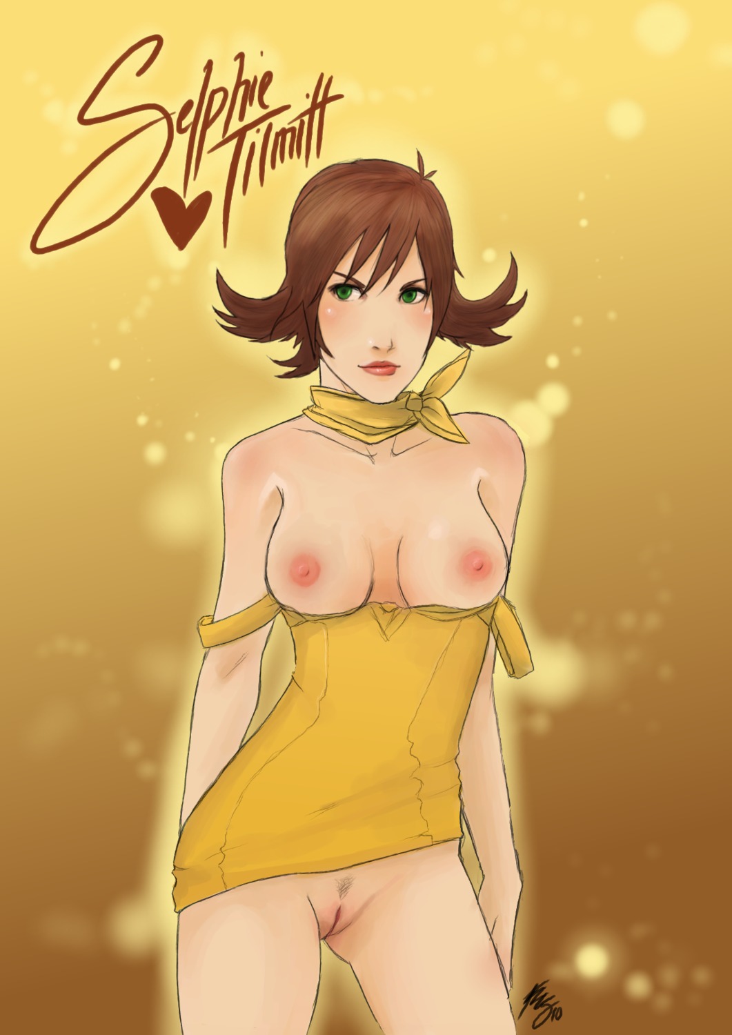 breasts breasts_out brown_hair female female_only final_fantasy final_fantasy_viii green_eyes kwsmithjr pussy rule34 selphie_tilmitt short_hair solo solo_female tagme vagina yellow_dress