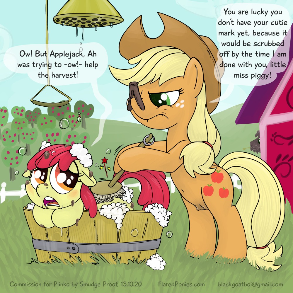 1:1 2013 apple_bloom_(mlp) applejack_(mlp) bath being_watched big_macintosh_(mlp) blonde_hair clothing cutie_mark digital_media_(artwork) duo e621 earth_pony english_text equid equine feces female feral freckles friendship_is_magic fur grass green_eyes hair hasbro hat headgear headwear horse long_hair looking_at_another male mammal my_little_pony open_mouth orange_body orange_fur outside plant pony red_hair scatplay scrub_brush smudge_proof teats text url water wet young young_feral