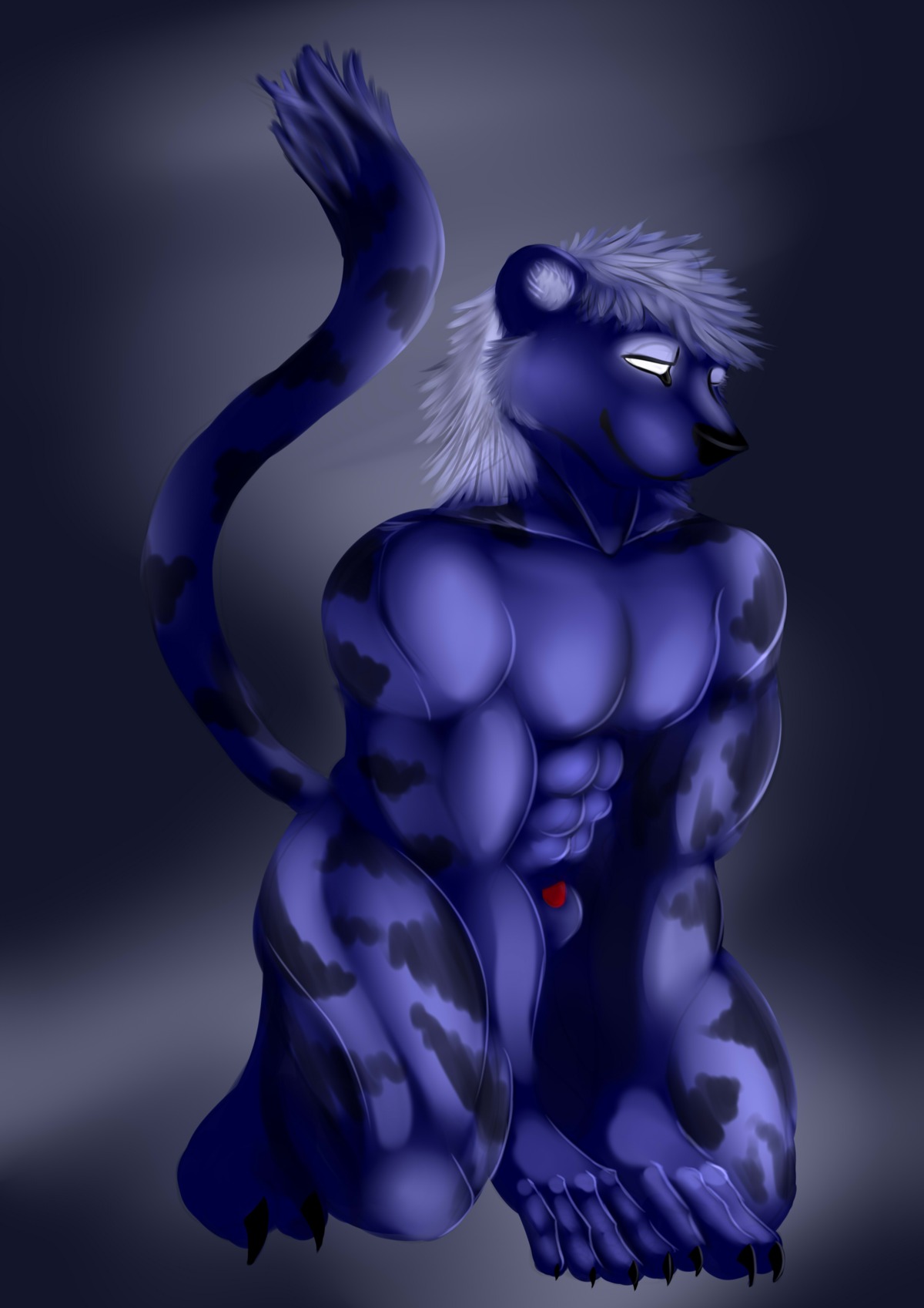 abs absurd_res animal_genitalia anthro biped black_claws black_nose blue_body blue_skin claws e621 felid genitals hair hi_res kneeling male mammal muscular muscular_anthro muscular_male nude pantherine penis penis_tip round_ears sheath smile solo tiger tyrans white_hair