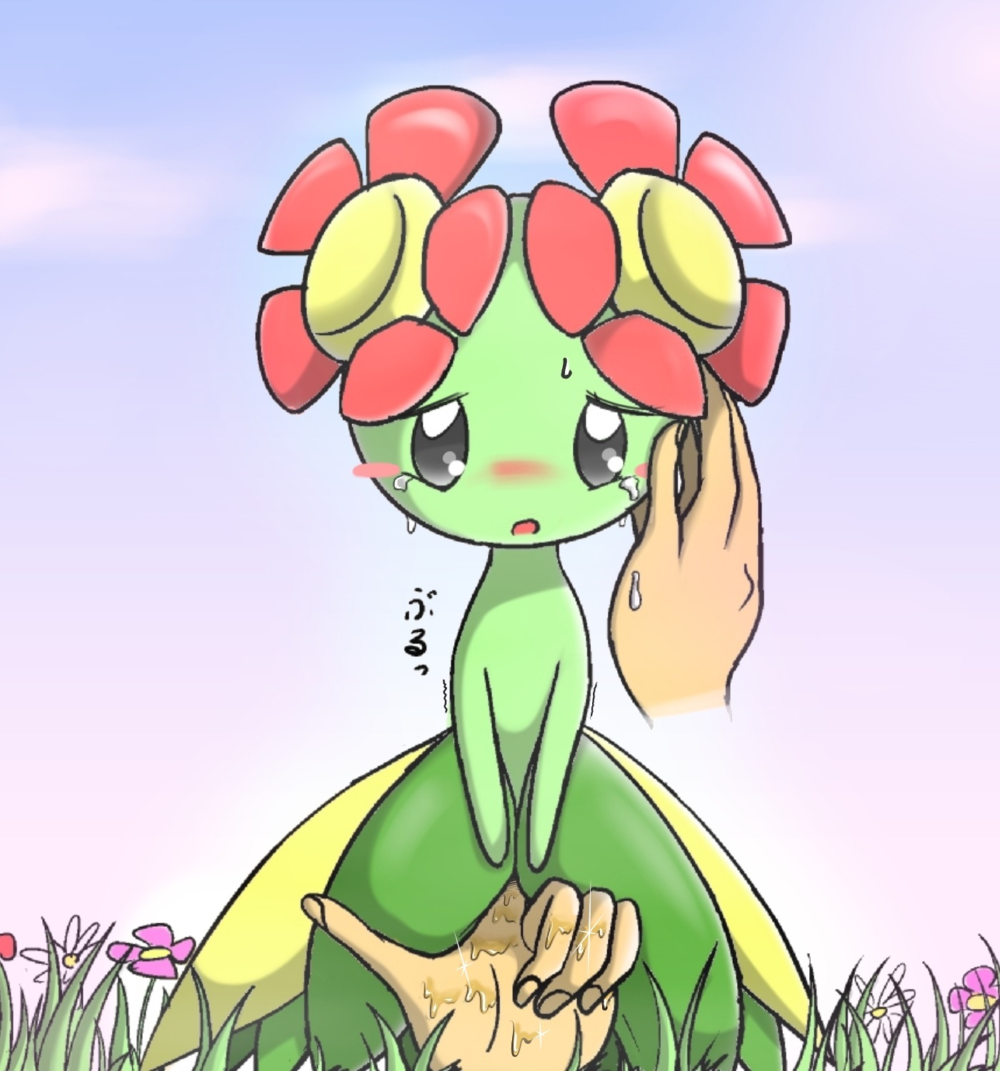 24651 bellossom blush bodily_fluids bottomwear clothing cloud crying disembodied_hand duo e621 elemental_creature female fingering flora_fauna flower flower_(anatomy) generation_2_pokemon genital_fluids head_flower hi_res human humanoid interspecies looking_at_viewer mammal nintendo not_furry outside plant pokemon pokemon_(species) pokephilia skirt sky solo_focus standing tears vaginal vaginal_fingering vaginal_fluids