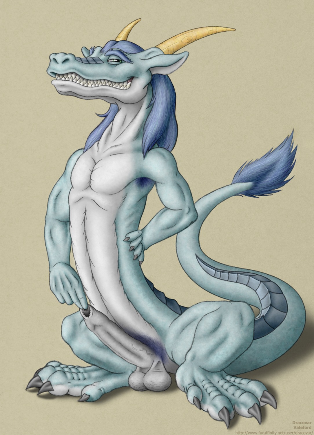 absurd_res anthro asian_mythology balls biped blue_hair crouching dracovar_valeford dragon e621 east_asian_mythology eastern_dragon erection farund foreskin foreskin_play foreskin_pull genitals grin hair hi_res horn humanoid_genitalia humanoid_penis long_foreskin looking_at_viewer male mythological_creature mythological_scalie mythology nude penis pubes scalie simple_background smile solo tail unretracted_foreskin vein
