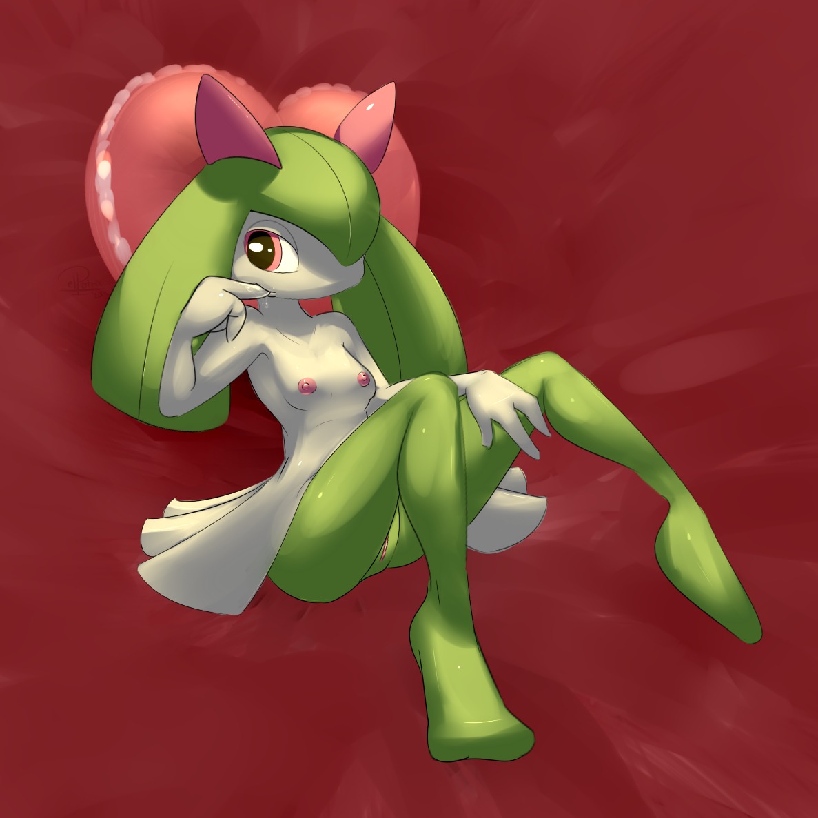1:1 2013 bodily_fluids breasts digital_media_(artwork) e621 elpatrixf female finger_fetish finger_in_mouth finger_play fingers generation_3_pokemon genitals green_hair hair humanoid kirlia nintendo nipples not_furry pink_eyes pink_nipples pokemon pokemon_(species) saliva small_breasts solo vulva