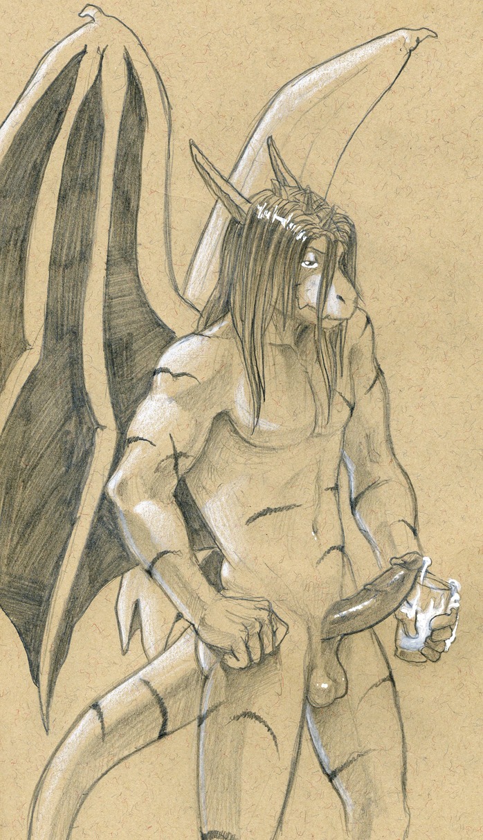 2012 anthro athletic athletic_anthro athletic_male balls biped bodily_fluids circumcised claws cocky container cum cum_in_a_cup cum_in_container cup dragon dripping e621 erection genital_fluids genitals grin hair hi_res horn humanoid_genitalia humanoid_penis long_hair looking_at_viewer male malk membrane_(anatomy) membranous_wings mythological_creature mythological_scalie mythology nude penis scalie scar sketch smile solo tail traditional_media_(artwork) tush_(artist) wings