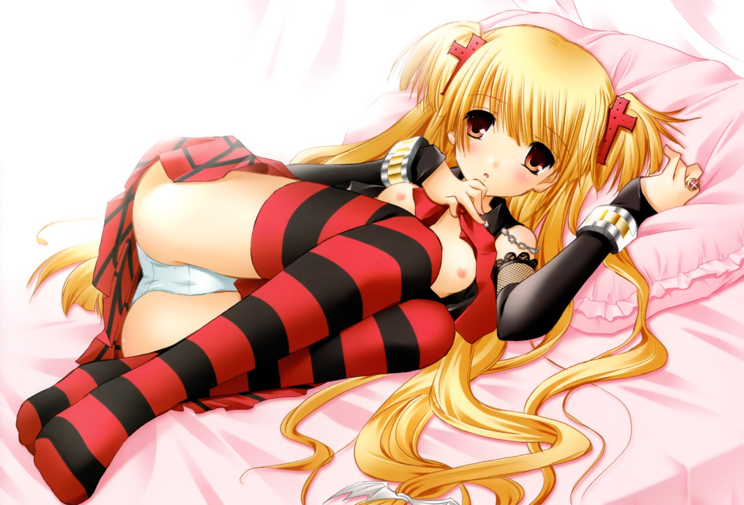 1girls bed blonde_hair blush bracelet breasts cross female highres jewelry karen_(triptych) legs long_hair lying nimura_yuuji nipples open_clothes open_shirt panties pantyshot pantyshot_(lying) pillow red_legwear ribbon ring rule34 shirt skirt striped striped_legwear striped_thighhighs thighhighs tied_hair triptych twintails underwear very_long_hair yellow_eyes