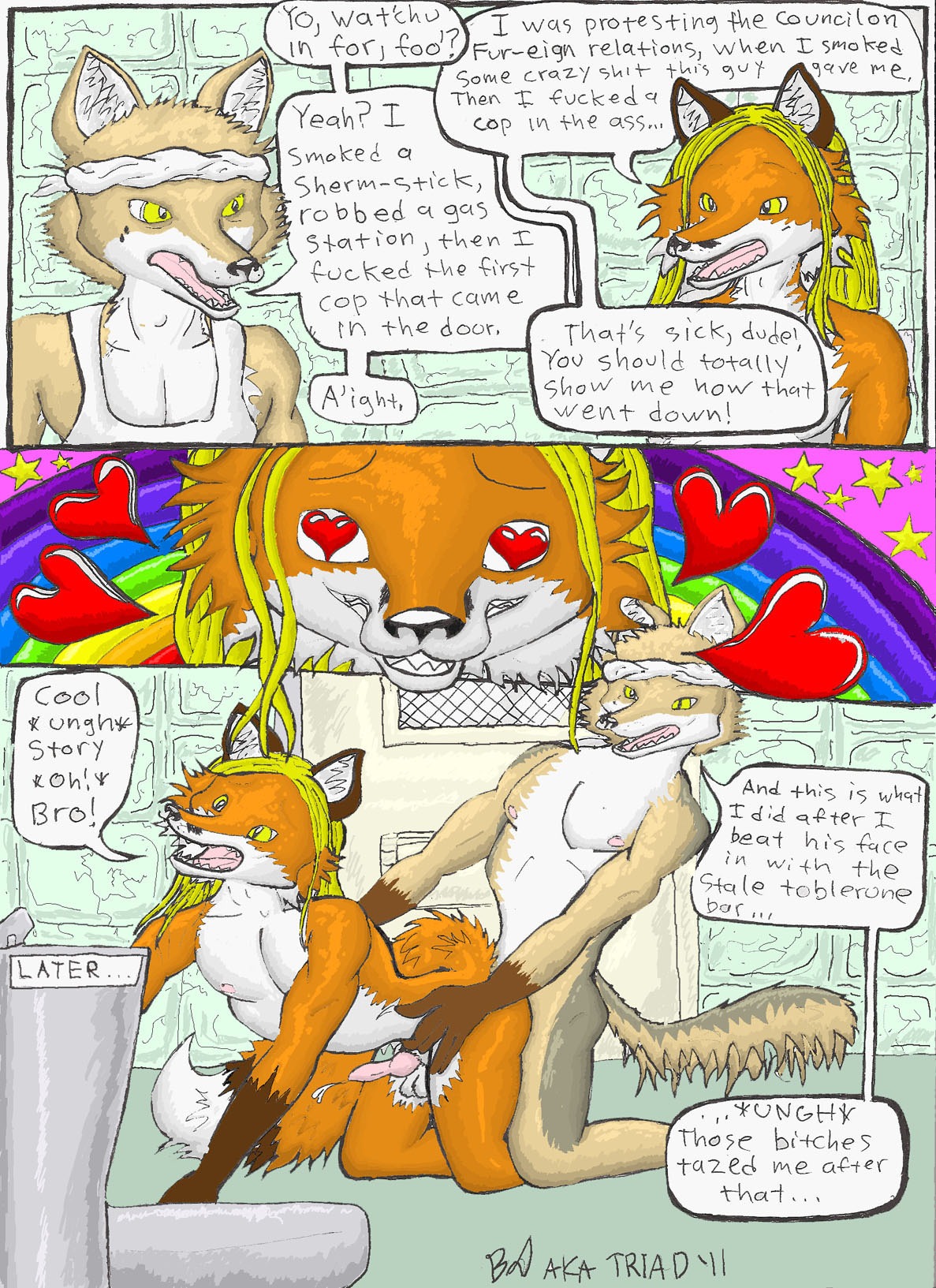 2011 accessory anal anal_penetration anthro balls canid canine canis clothed clothing comic coyote dialogue dipstick_tail drugs duo e621 english_text erection fox from_behind_position genitals headband heart_symbol hi_res inside male male/male male_penetrated male_penetrating male_penetrating_male mammal markings nude penetration penis prison profanity sex tail tail_markings text traditional_media_(artwork) triadfox