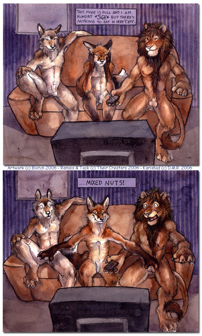 2006 animal_genitalia anthro ball_fondling balls blotch body_hair bored canid canine canis chest_tuft claws comic double_ball_fondling e621 electronics ellipsis english_text felid fluffy fluffy_tail fondling fox front_view full-length_portrait fully_sheathed fur furniture genitals grope group happy_trail humor indoor_nudity inside interspecies joke karishad lion male male/male mammal nude open_mouth pantherine penis portrait pun red_fox sheath shocked sitting smile sofa surprised tail teeth television text tongue traditional_media_(artwork) trio true_fox tuft whiskers wolf