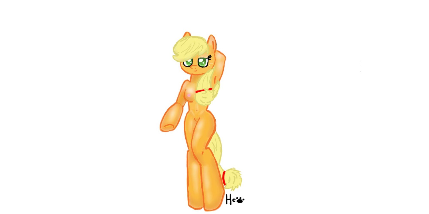 2:1 accessory anthro anthrofied applejack_(mlp) blonde_hair breasts digital_media_(artwork) e621 earth_pony equid equine female friendship_is_magic fur green_eyes hair hair_accessory hairband hannahugs hasbro hi_res horse looking_at_viewer mammal my_little_pony orange_body orange_fur pony simple_background solo tail white_background