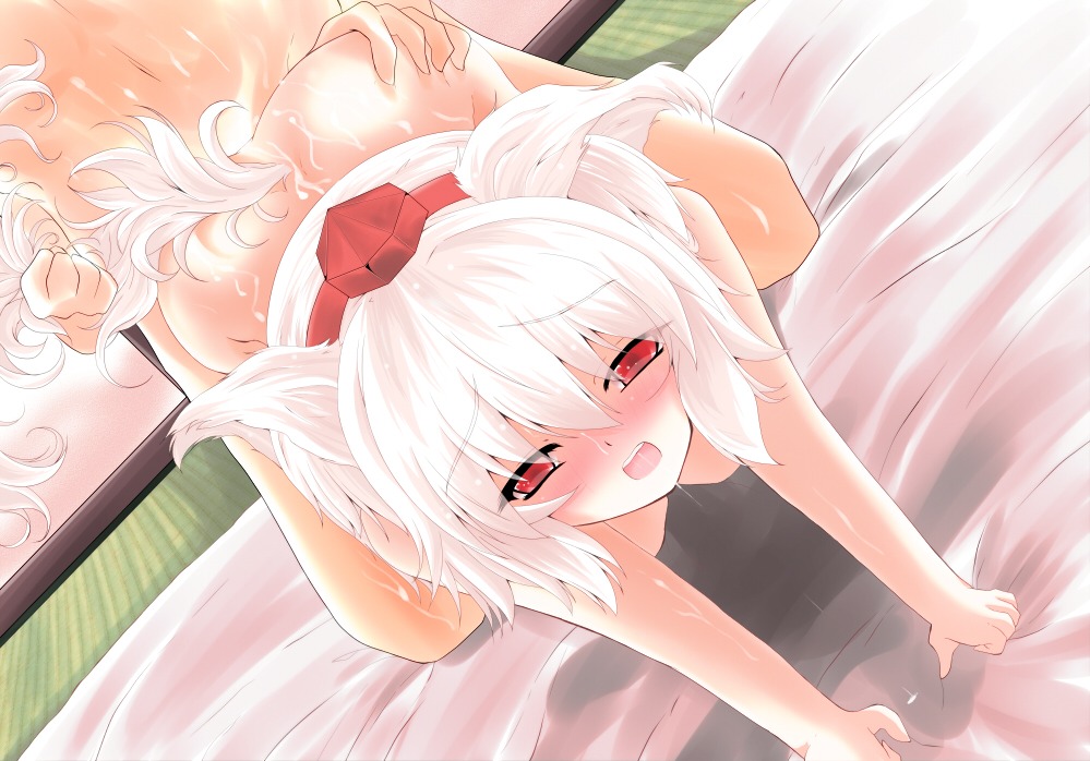 all_fours animal_ears bed_sheet blush doggy_style female hat momiji_inubashiri nude red_eyes rule34 saliva sex sheet_grab shirosuzu short_hair solo sweat tail tail_grab tokin_hat touhou white_hair wolf_ears wolf_tail