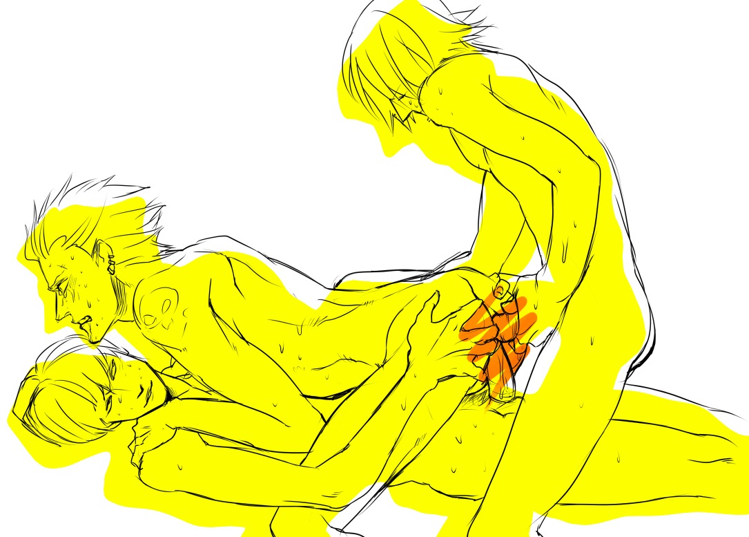 3boys anal double_penetration earrings hanamura_yousuke male megami_tensei persona_4 rule34 seta_souji tatsumi_kanji tattoo tears white_background yaoi