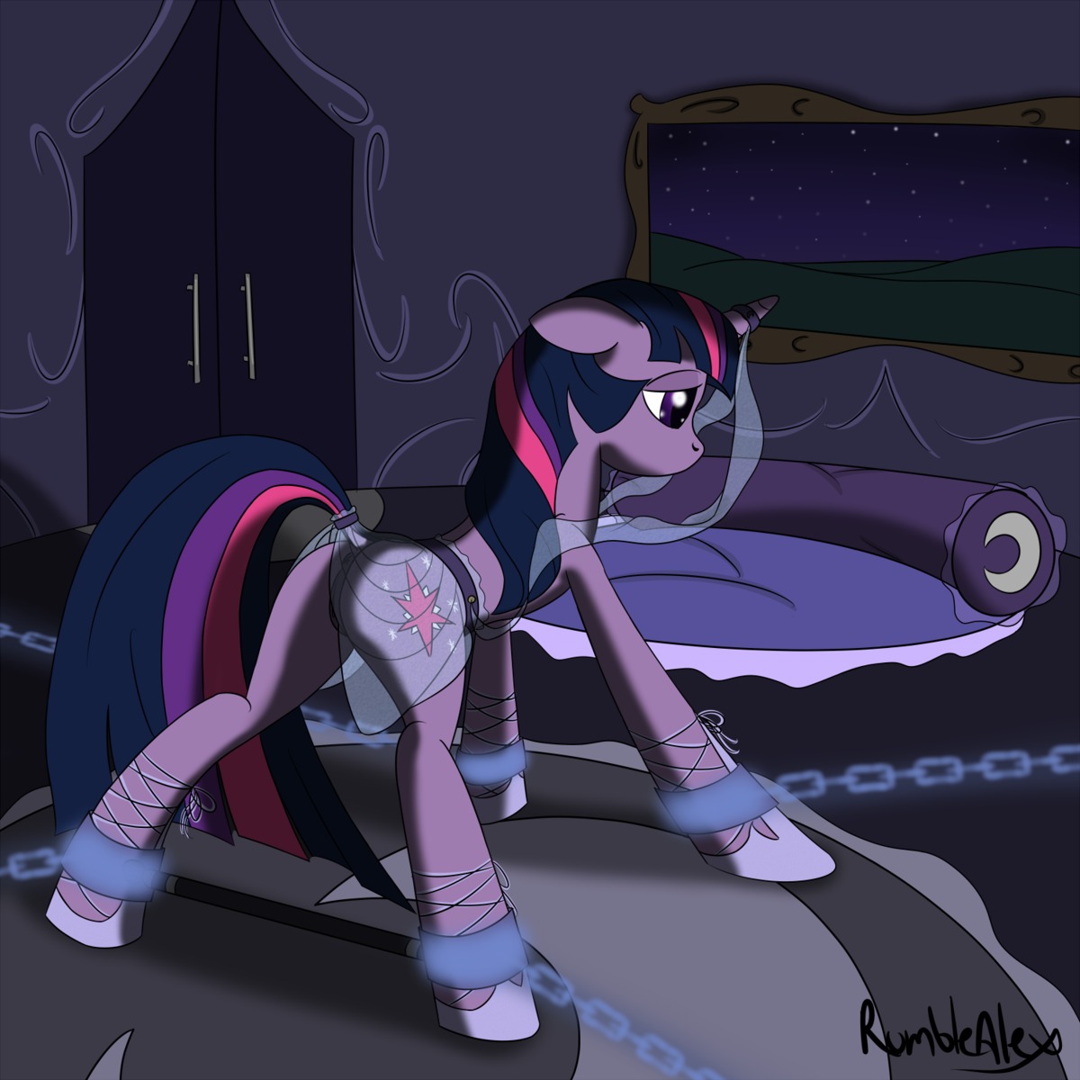 1:1 anus bdsm bondage bound chain chained cutie_mark e621 equid equine female feral friendship_is_magic fur genitals hair hasbro hi_res horn mammal multicolored_hair my_little_pony mythological_creature mythological_equine mythology night purple_body purple_fur purple_hair quadruped rumblealex sad solo submissive submissive_female tail twilight_sparkle_(mlp) two_tone_hair unicorn vulva