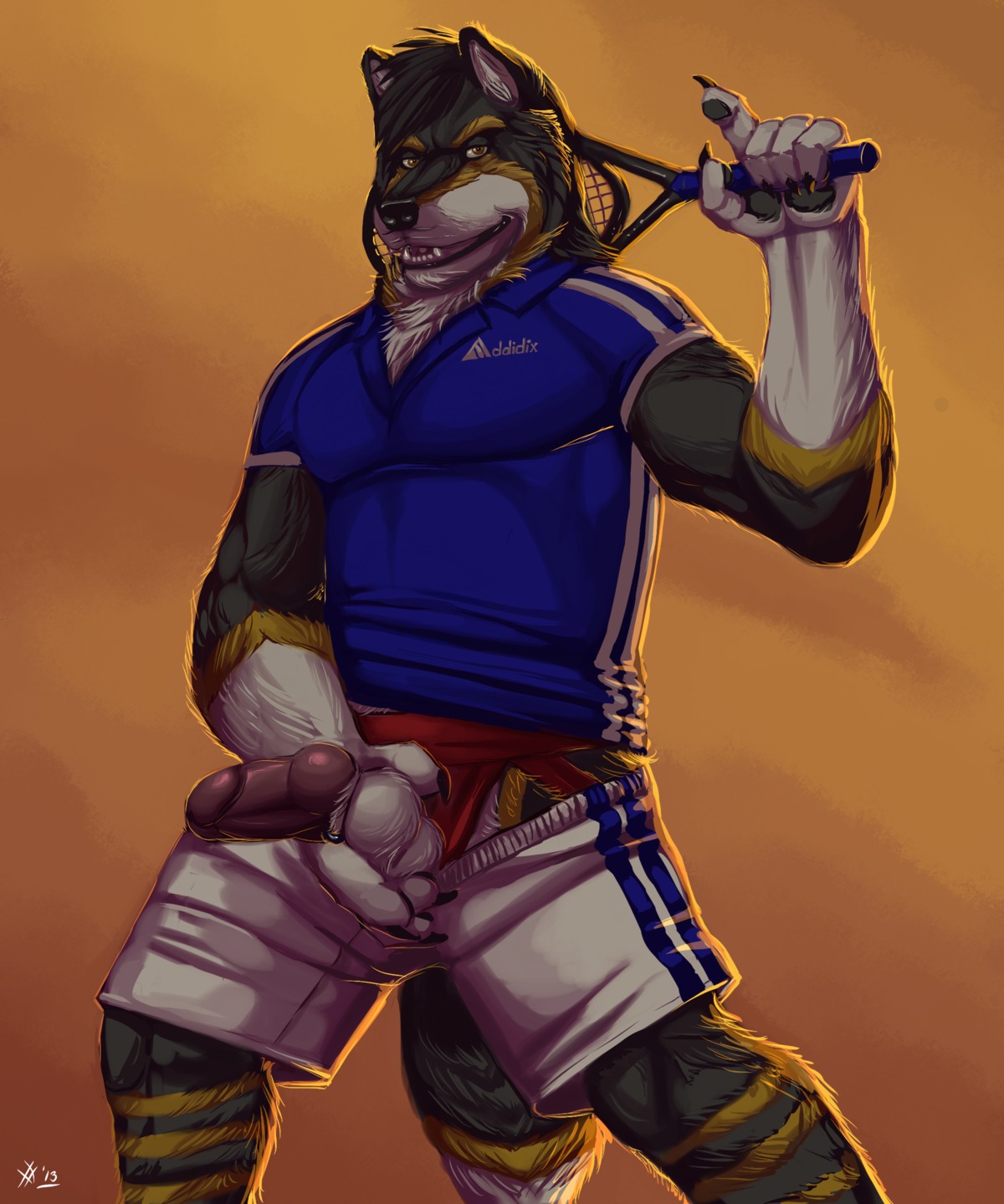 2013 5:6 absurd_res animal_genitalia animal_penis anthro athletic balls biceps big_muscles biped black_nose bottomwear canid canine canine_genitalia canine_penis canis clef_(clefwolf) clothing e621 erection fangs fur furgonomic_piercing furgonomics genital_piercing genitals hi_res holding_object knot looking_at_viewer male mammal muscular muscular_anthro muscular_male pecs penis penis_piercing piercing pose presenting rrowdybeast sheath sheath_piercing shirt shorts solo sport sportswear standing teeth tennis tennis_player tennis_racket tennis_uniform topwear uniform white_balls wolf