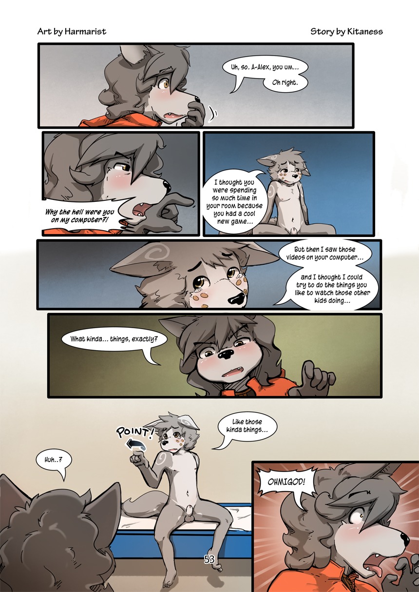 adolescent age_difference alex_(harmarist) angry animal_genitalia anthro argument balls barefoot blush bodily_fluids brother_(lore) brothers_(lore) canid canine canis child clothed clothed_anthro clothed_male clothing comic dialogue duo e621 ears_down english_text fangs feet fully_clothed fully_clothed_anthro fully_clothed_male fully_sheathed fur genitals gesture hand_gesture harmarist hi_res hoodie horror_(expression) jacket male male/male male_anthro mammal multiple_scenes nipples nude nude_anthro nude_male number older_brother older_male older_sibling page_number pivoted_ears pointing sad sexual_awakening sheath sheath_and_knife shirt sibling_(lore) size_difference surprised tears teeth text toes tongue tongue_out topwear will_(harmarist) wolf young young_anthro young_male zipper