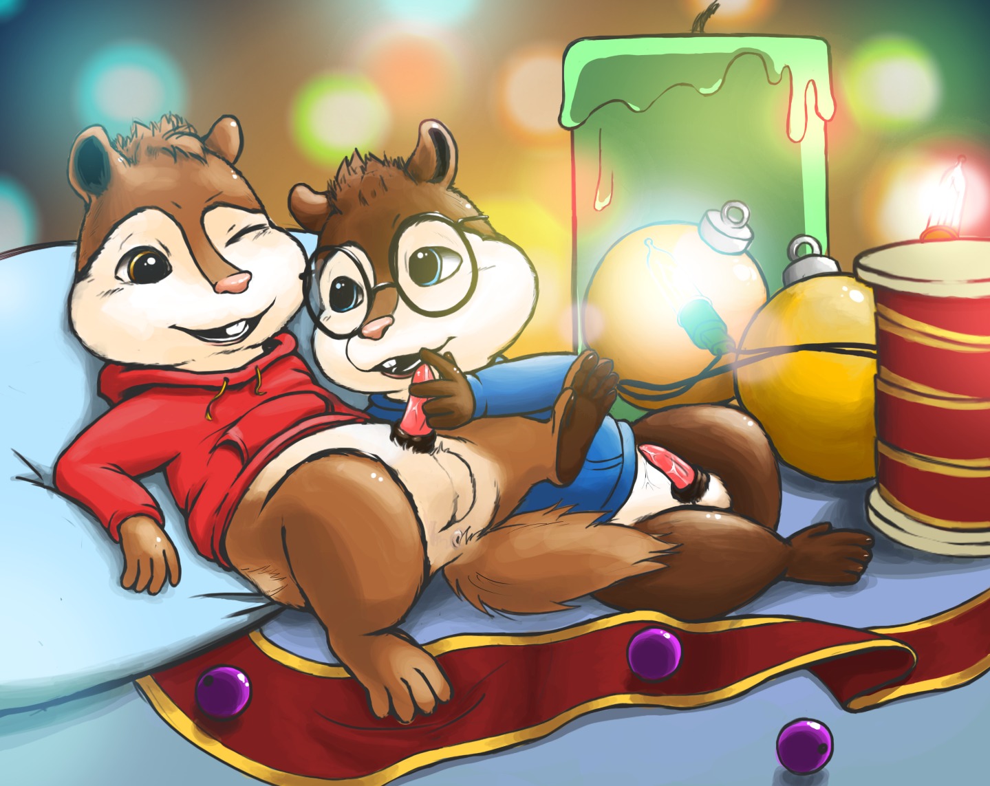 alvin_and_the_chipmunks alvin_and_the_chipmunks_(live-action) alvin_seville anatomically_correct anatomically_correct_genitalia anatomically_correct_penis animal_genitalia animal_penis anthro anus balls blue_eyes bodily_fluids brother_(lore) brothers_(lore) candle chipmunk christmas cum cum_drip cum_on_penis dripping duo e621 erection eyewear fluffy fluffy_tail genital_fluids genitals glasses ground_squirrel handjob holidays incest_(lore) lights male male/male mammal one_eye_closed ornament penile penis rodent rodent_penis sciurid sex sibling_(lore) simon_seville sufrank tail young