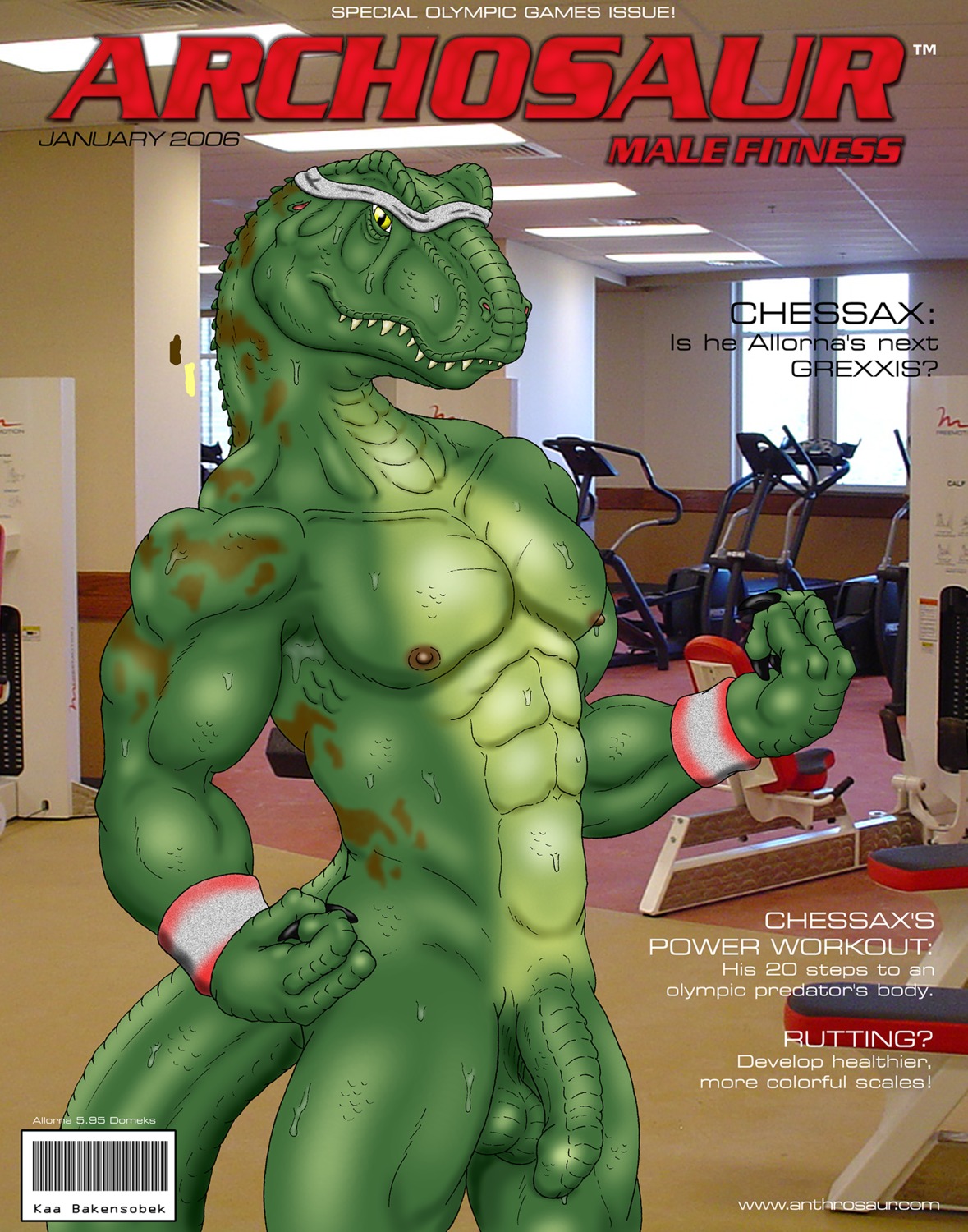 2004 abs anthro balls barcode biceps big_muscles biped bodily_fluids claws cover dinosaur e621 english_text fangs fictional_magazine_cover flaccid genitals green_body green_scales grin gym hi_res kaa_bakensobek lizard looking_at_viewer magazine magazine_cover male muscular muscular_anthro muscular_male nipples nude pecs penis pinup porn_cover porn_magazine pornography pose prehistoric_species reptile saurischian scales scalie smile solo standing sweat sweatband tail teeth text theropod tyrannosaurid tyrannosauroid tyrannosaurus tyrannosaurus_rex yellow_eyes