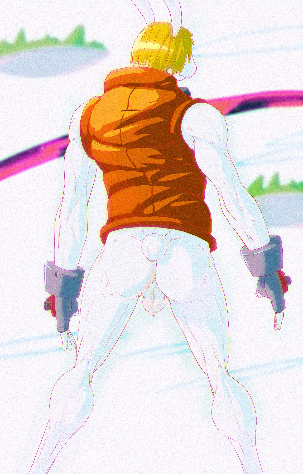 2014 anthro backsack balls biped blonde_hair butt ducati e621 genitals hair hi_res king_kazma lagomorph leporid male mammal presenting presenting_hindquarters rabbit rear_view short_tail solo standing summer_wars tail