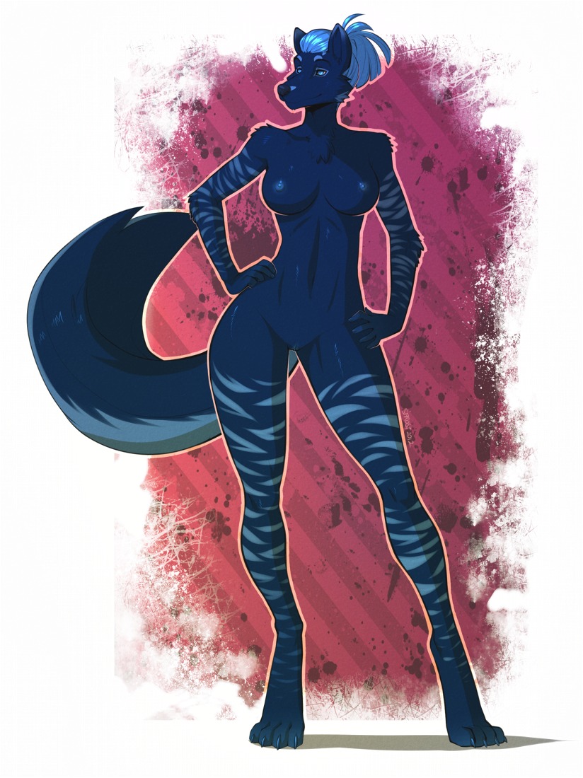 2012 anthro biped black_nose blue_body blue_eyes blue_fur blue_hair blue_nipples breasts canid canine canis claws domestic_dog e621 feet female fur hair hindpaw husky hybrid mammal nails nipples nordic_sled_dog nude paws short_hair smile solo spearfrost spitz standing stripes tail wide_hips wolf