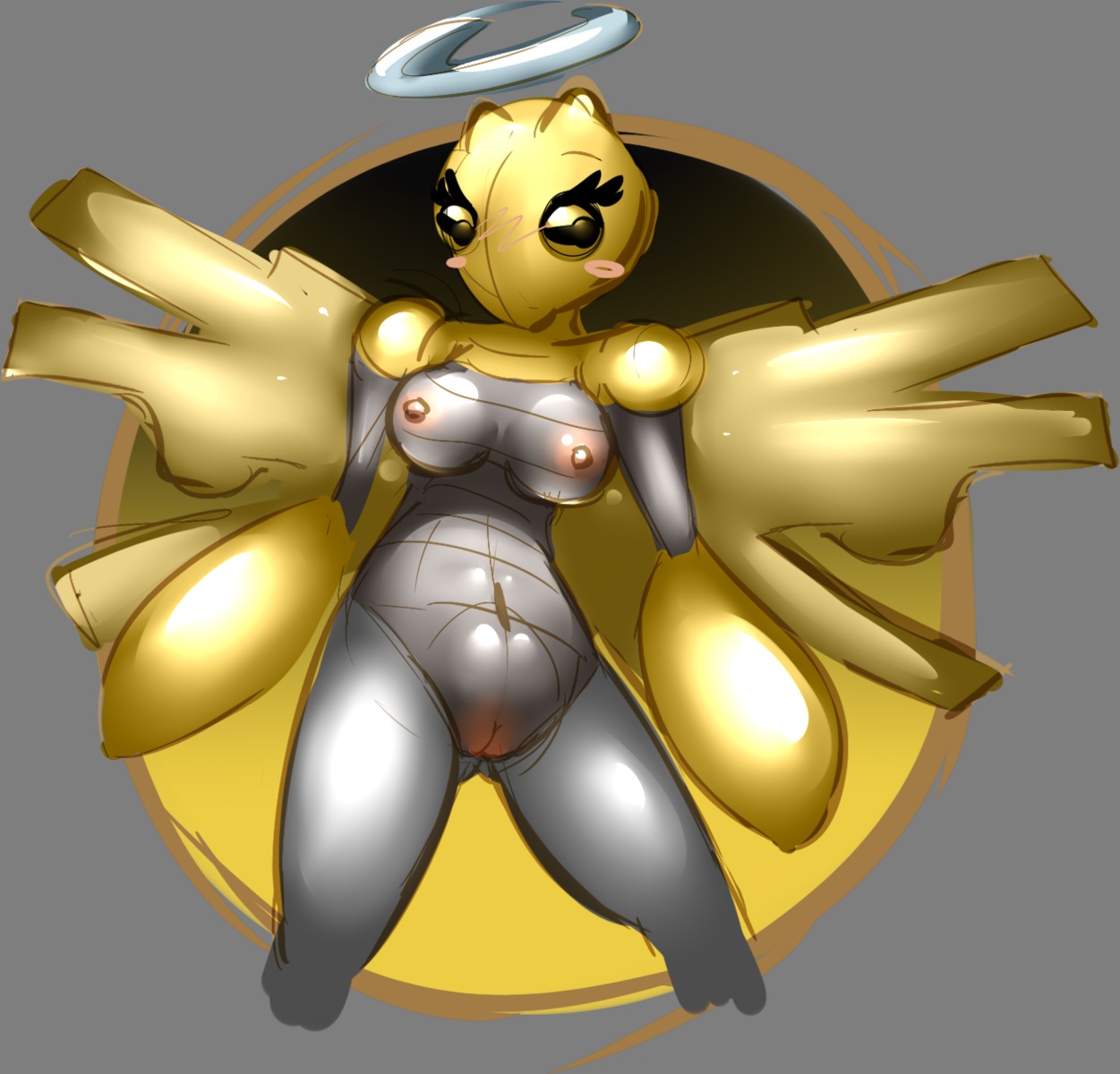 2013 alpha_channel anthro blush breasts digital_media_(artwork) e621 elpatrixf female generation_3_pokemon genitals glistening grey_body halo hi_res nintendo nipples nude pink_nipples pokemon pokemon_(species) pokemorph shedinja simple_background solo vulva wings yellow_body