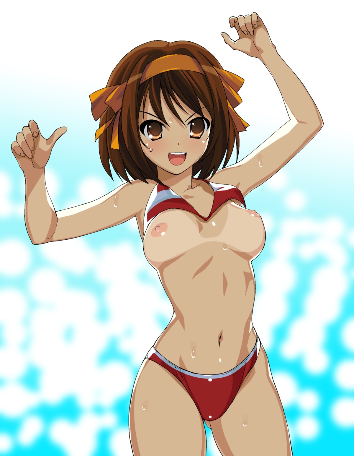a1 arms_up bikini bikini_lift breasts brown_eyes brown_hair female female_only hair_ribbon hairband high_resolution human nipples open_mouth ribbon rule34 short_hair small_breasts smile solo suzumiya_haruhi suzumiya_haruhi_no_yuuutsu sweat swimsuit tan tanline wardrobe_malfunction